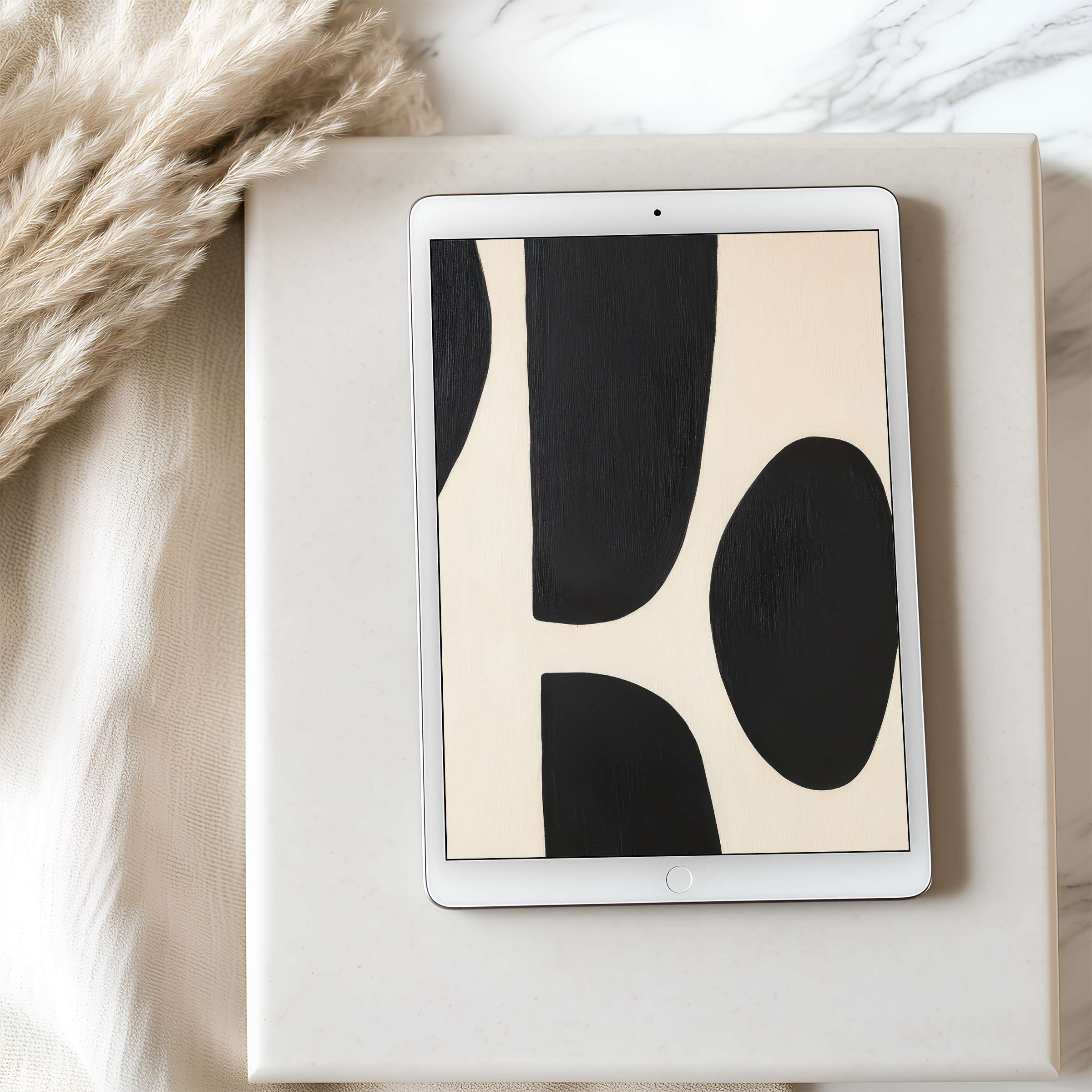 Abstract black and cream design tablet wallpaper on an iPad in an elegant setting enhances your digital space with sleek style