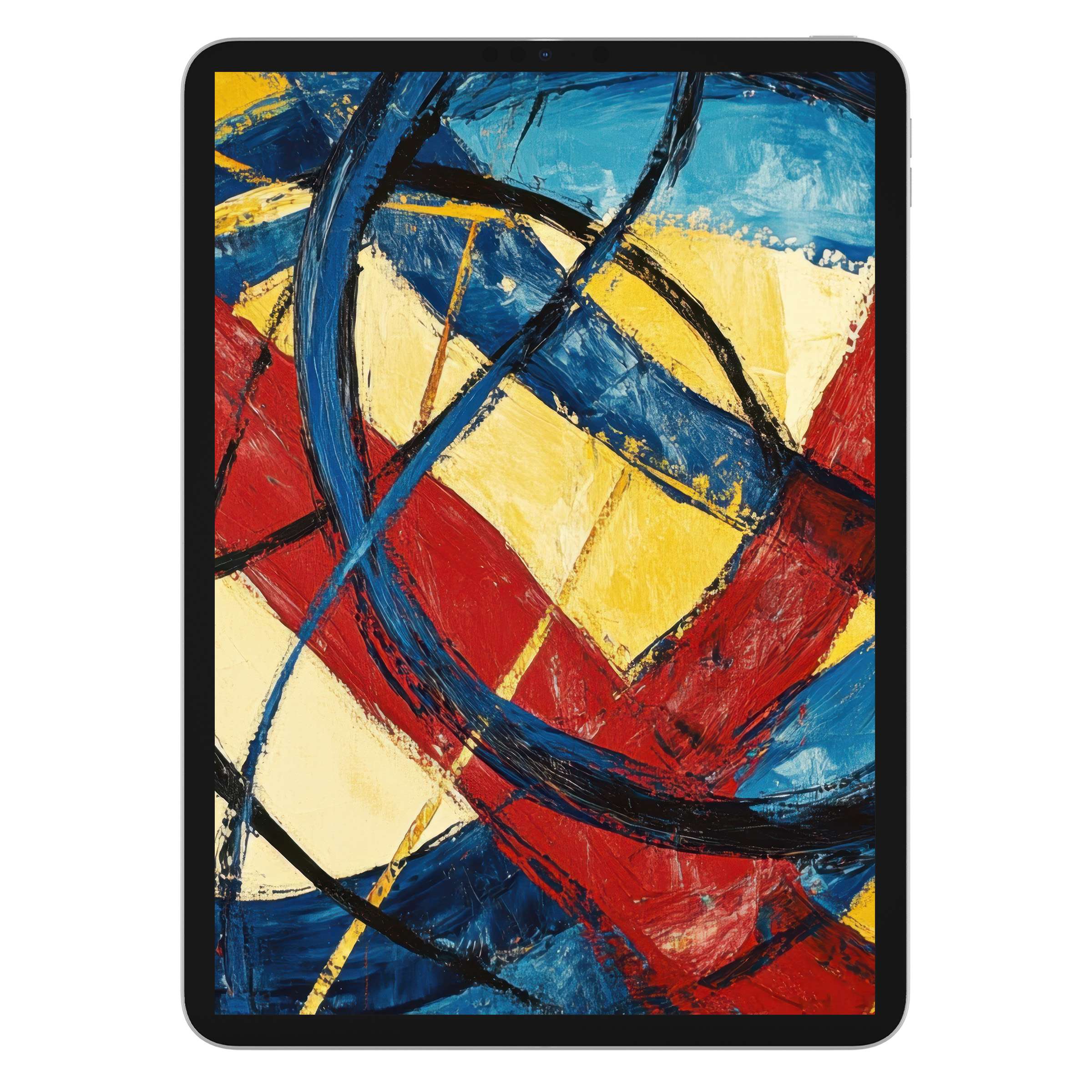 Vibrant abstract iPad wallpaper with bold red, blue, and yellow strokes, ideal as a digital download for tablet background artistry