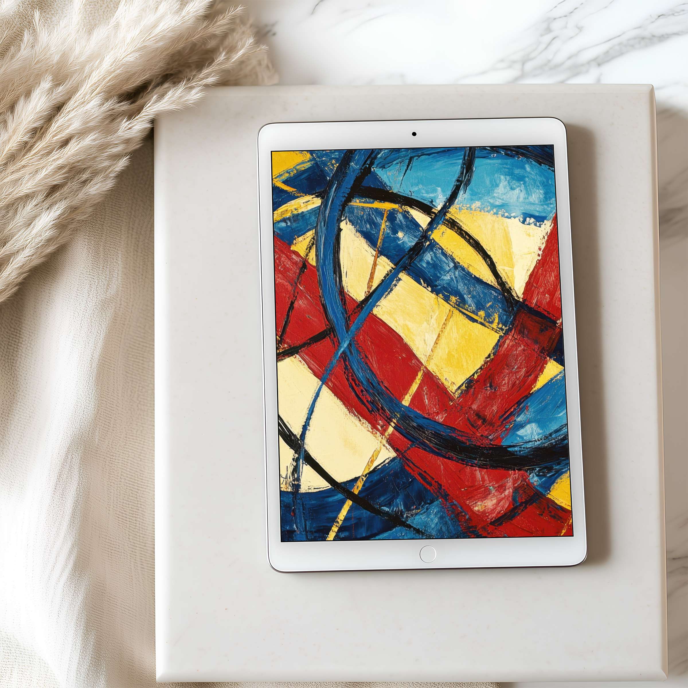 Colorful abstract art with red, blue, yellow brushstrokes on tablet wallpaper offers high resolution, elevating design on iPad