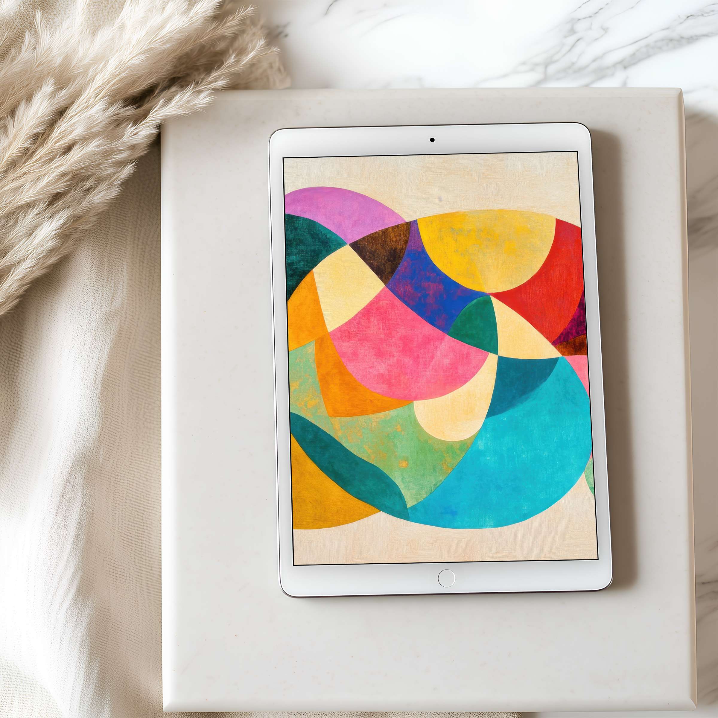 Elegant abstract tablet wallpaper featuring colorful geometric shapes, perfect for high resolution iPad, Android use and digital downloads