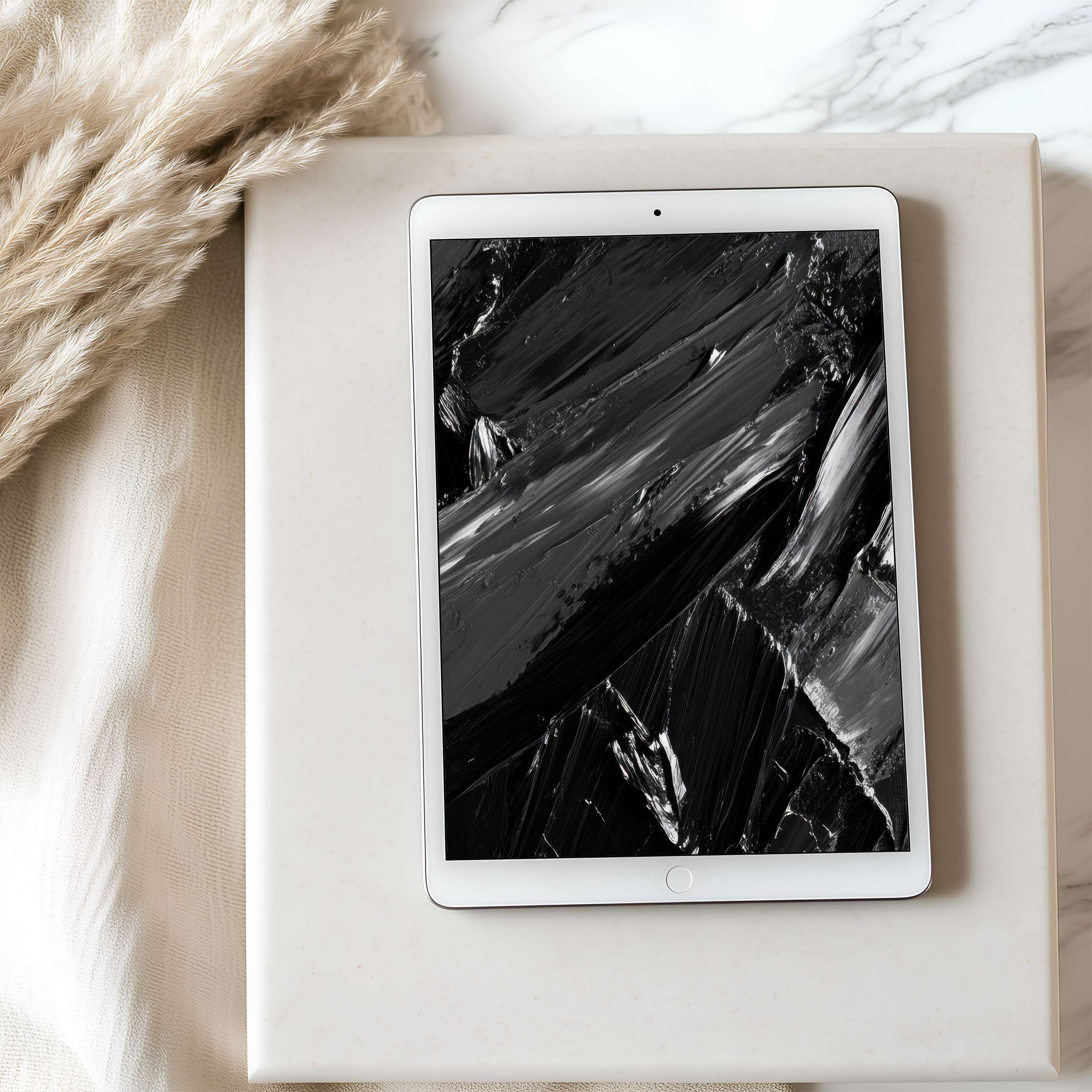Elegant abstract black brushstroke art for tablet wallpaper on an iPad, set in a soft, neutral-toned interior, perfect for digital download