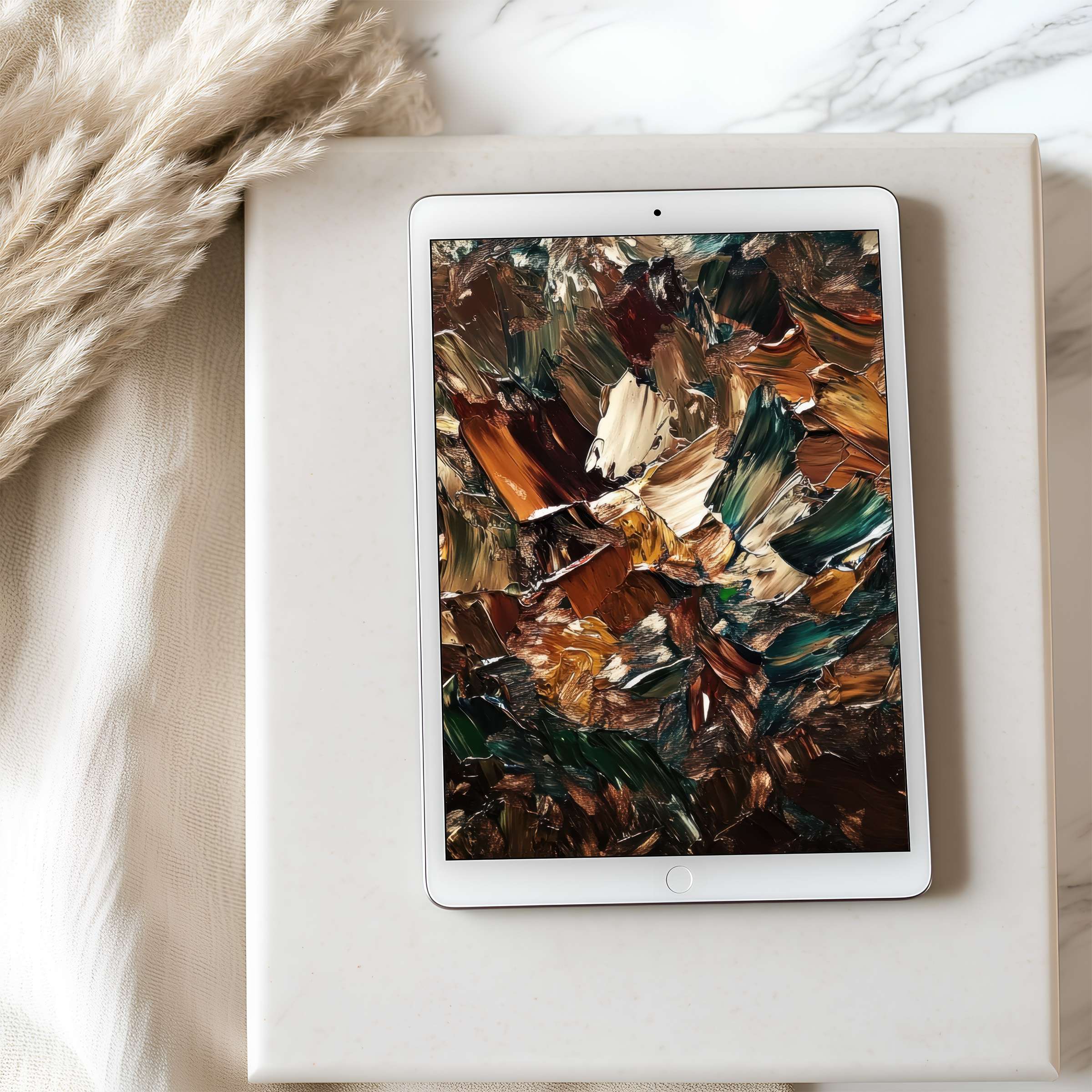 Elegant abstract tablet wallpaper in earthy tones for iPad and Android tablets, offering a calming, curated digital download experience