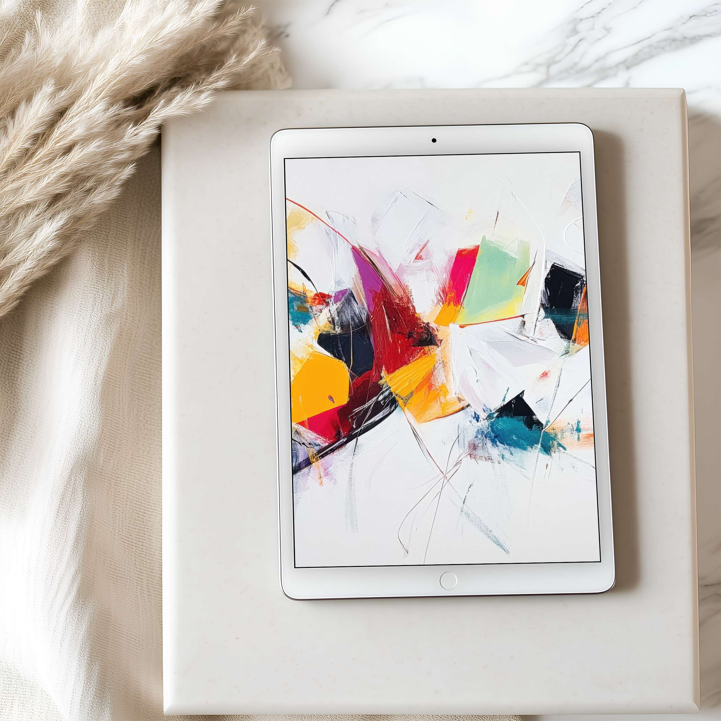 Inspiring abstract tablet wallpaper in high resolution, showcasing vivid colors and dynamic brushstrokes, perfect for iPad or Android tablets