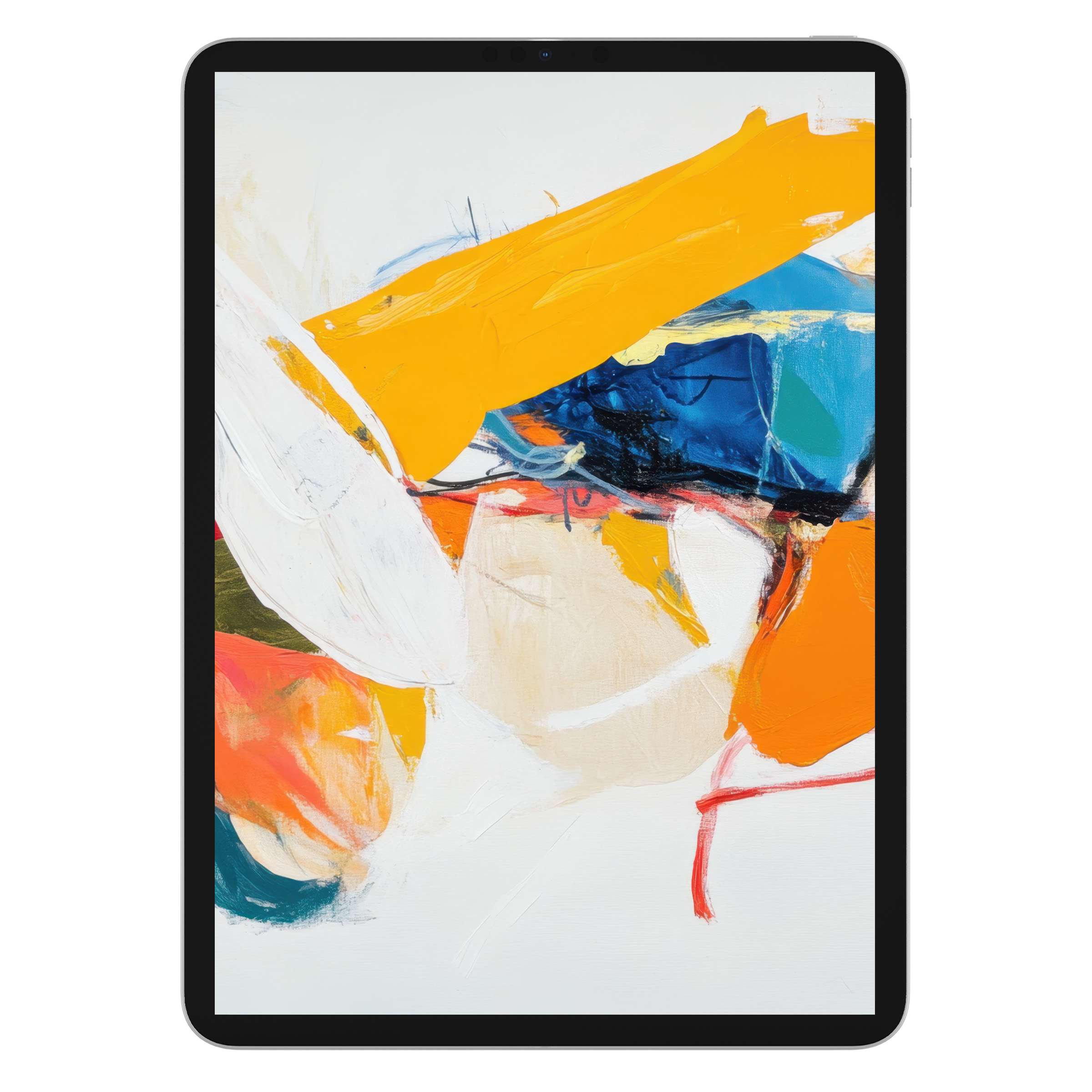 Vibrant abstract iPad wallpaper with bold brushstrokes in yellow, blue, and orange, ideal digital download for tablet background enthusiasts