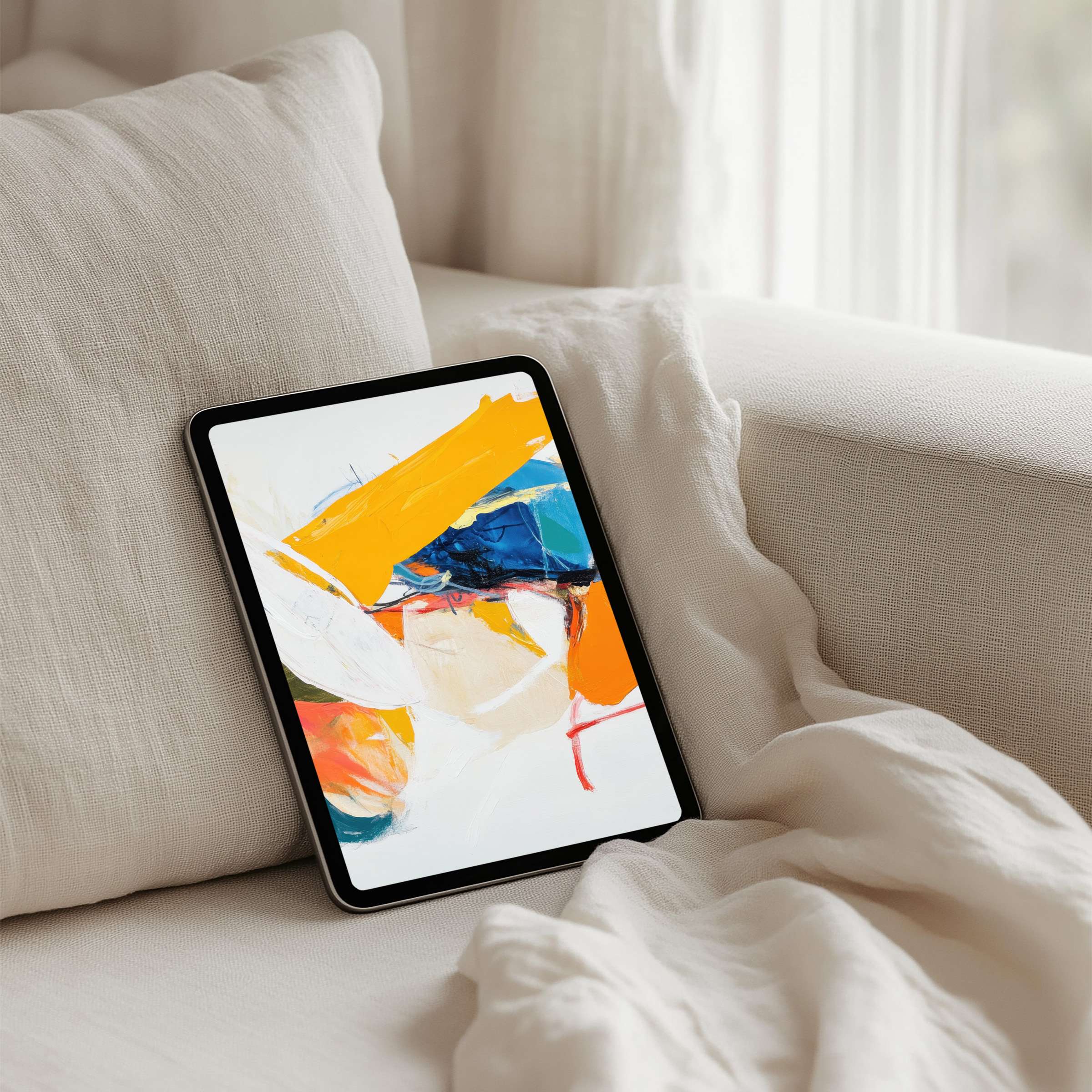 Elegant abstract art iPad background with warm tones on a plush sofa enhances mindfulness and calm available for instant download on tablet