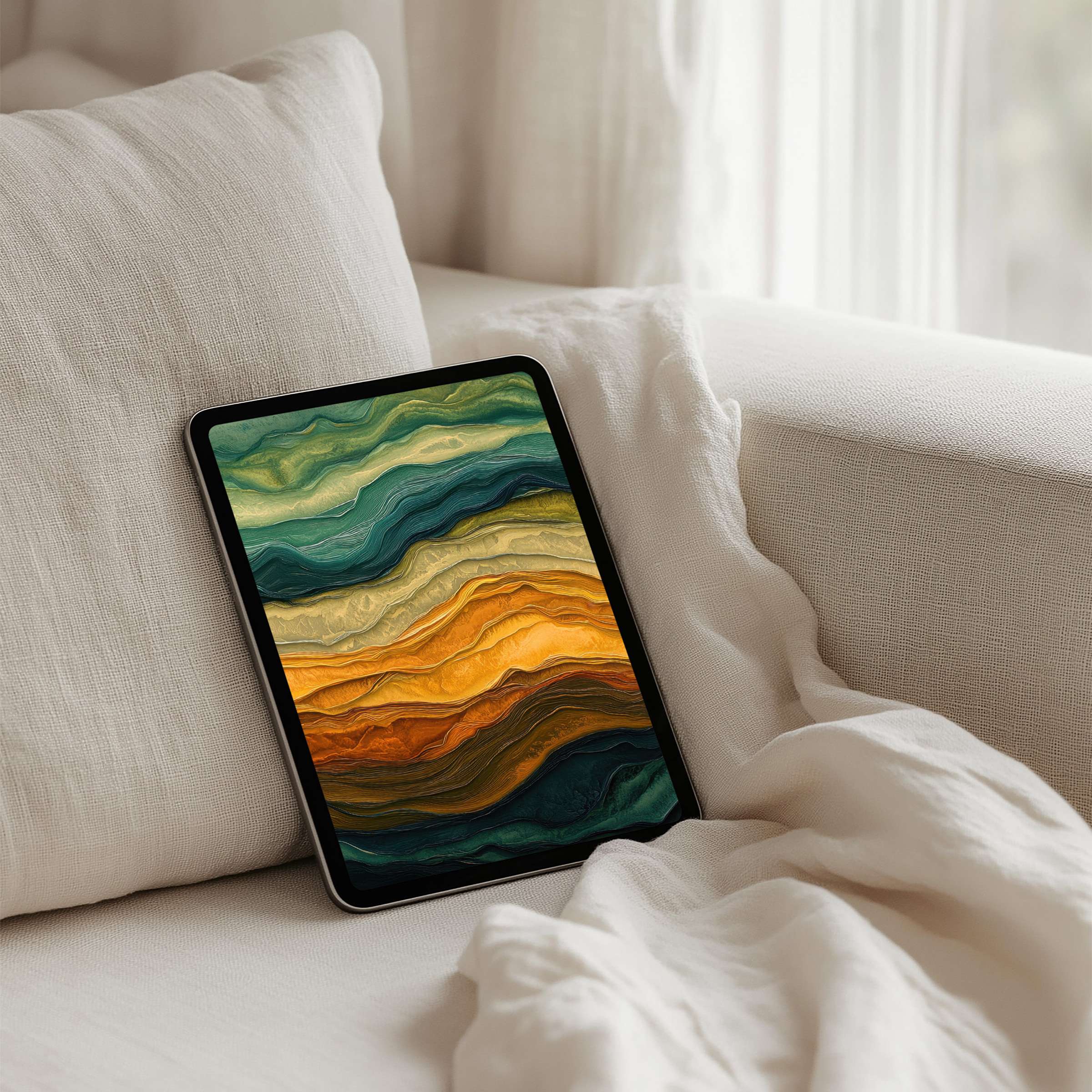 Elegant iPad background featuring serene earth tones with wavy textures for seamless tablet integration and instant download calming inspiration