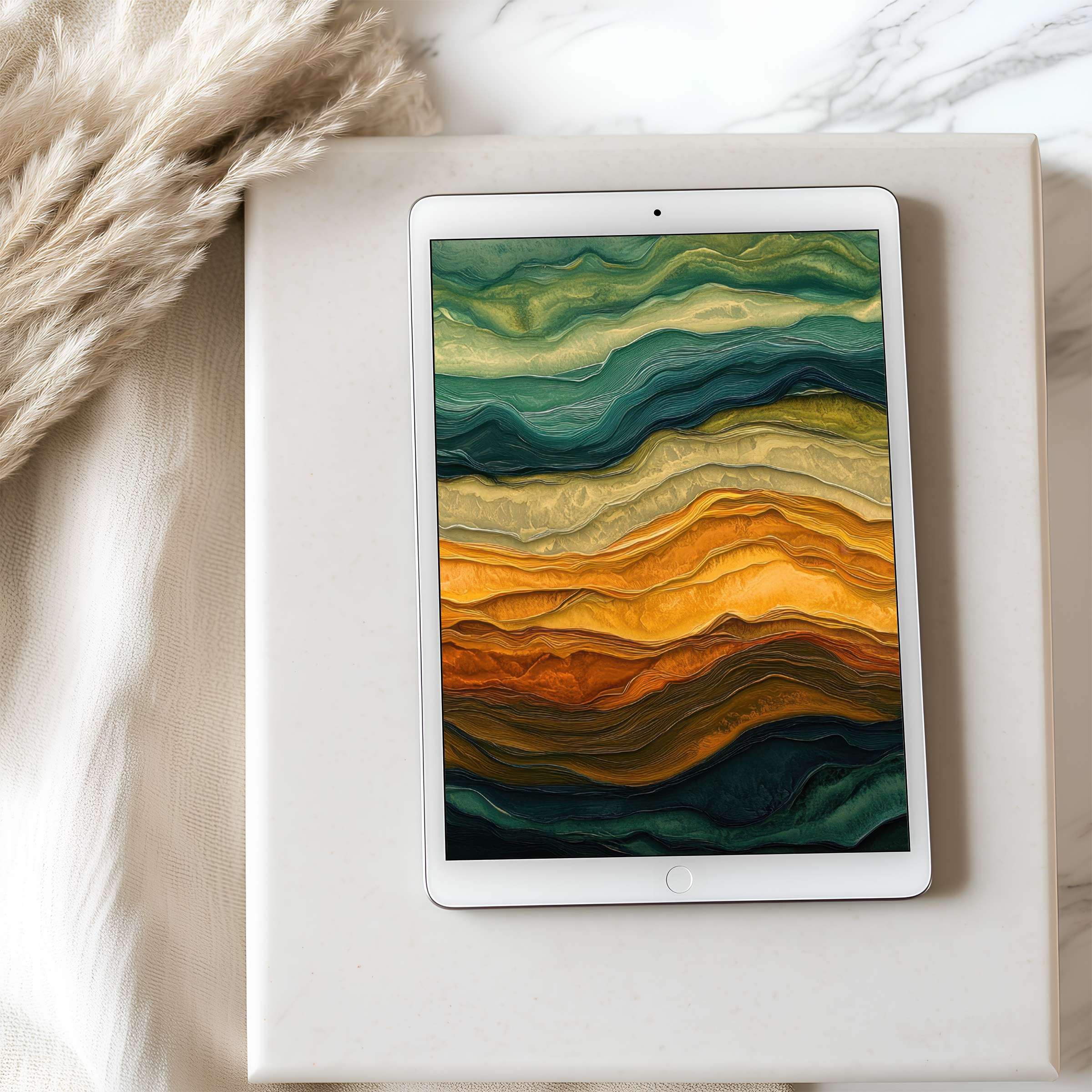 Elegant tablet wallpaper featuring lush abstract layers in green and orange, ideal for high-resolution iPad and Android, digital download