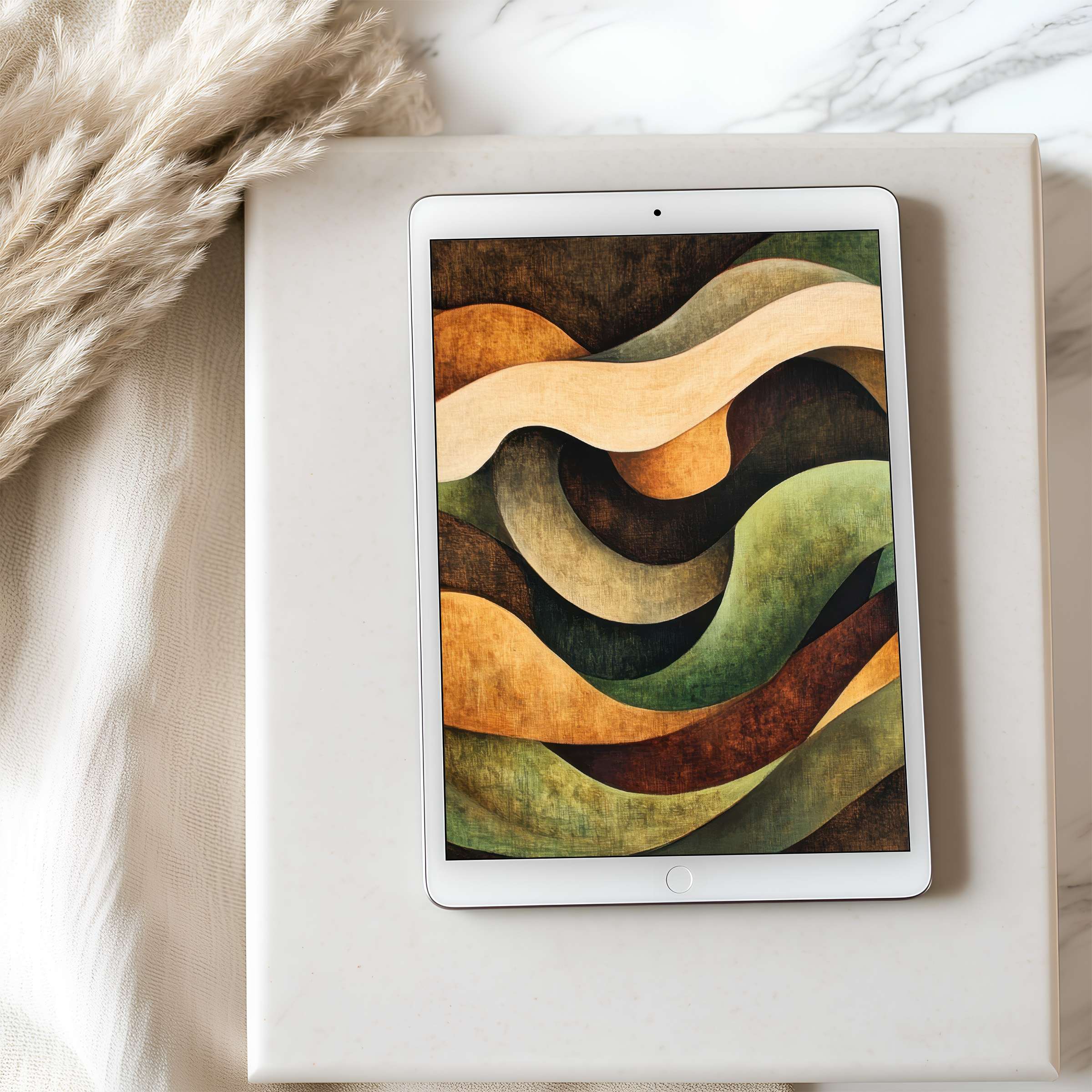 Elegant tablet wallpaper showcasing earthy abstract waves, perfect for iPad in high resolution, enhancing serene digital downloads