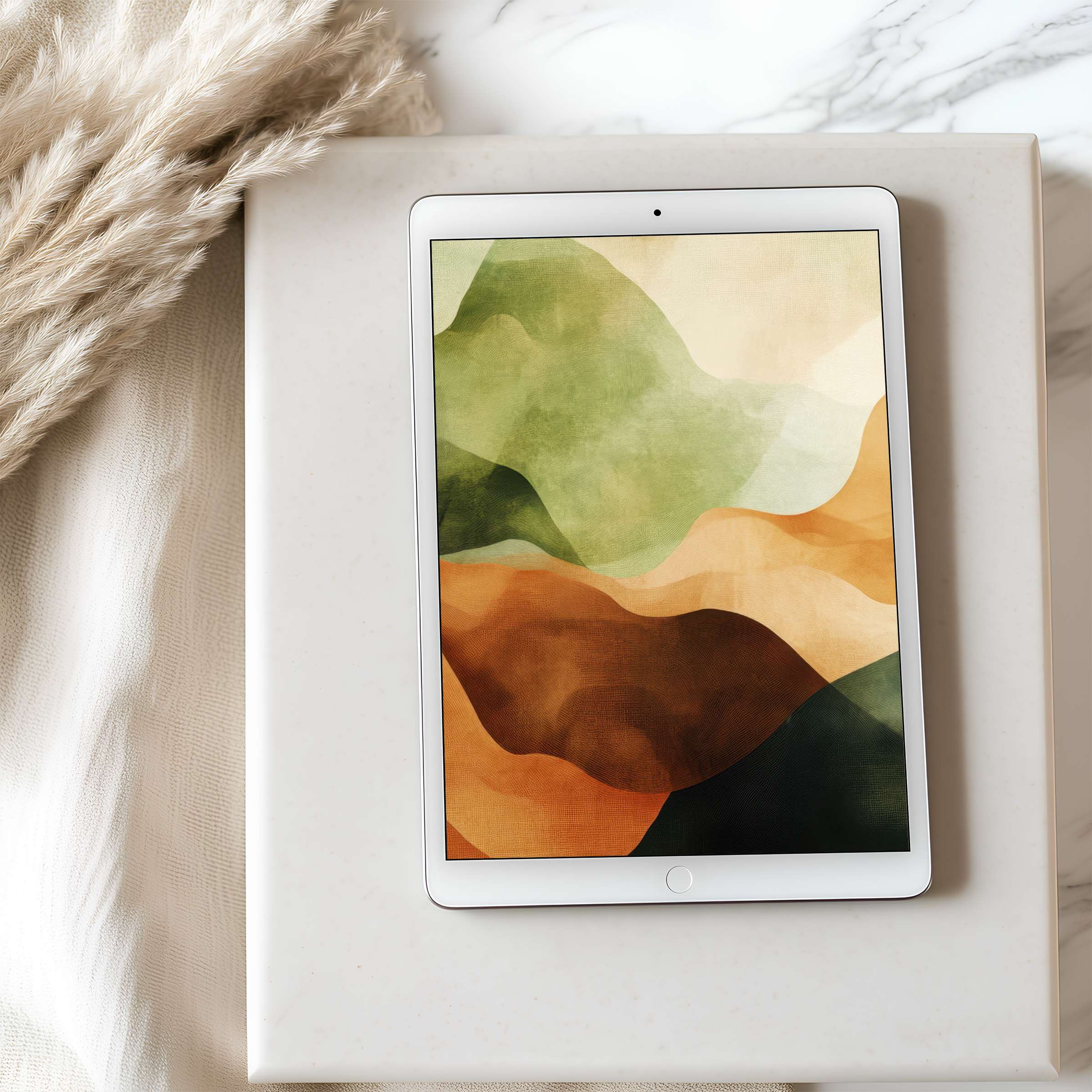 Elegant abstract tablet wallpaper with earthy green and brown tones, perfect for high resolution iPad or Android digital download