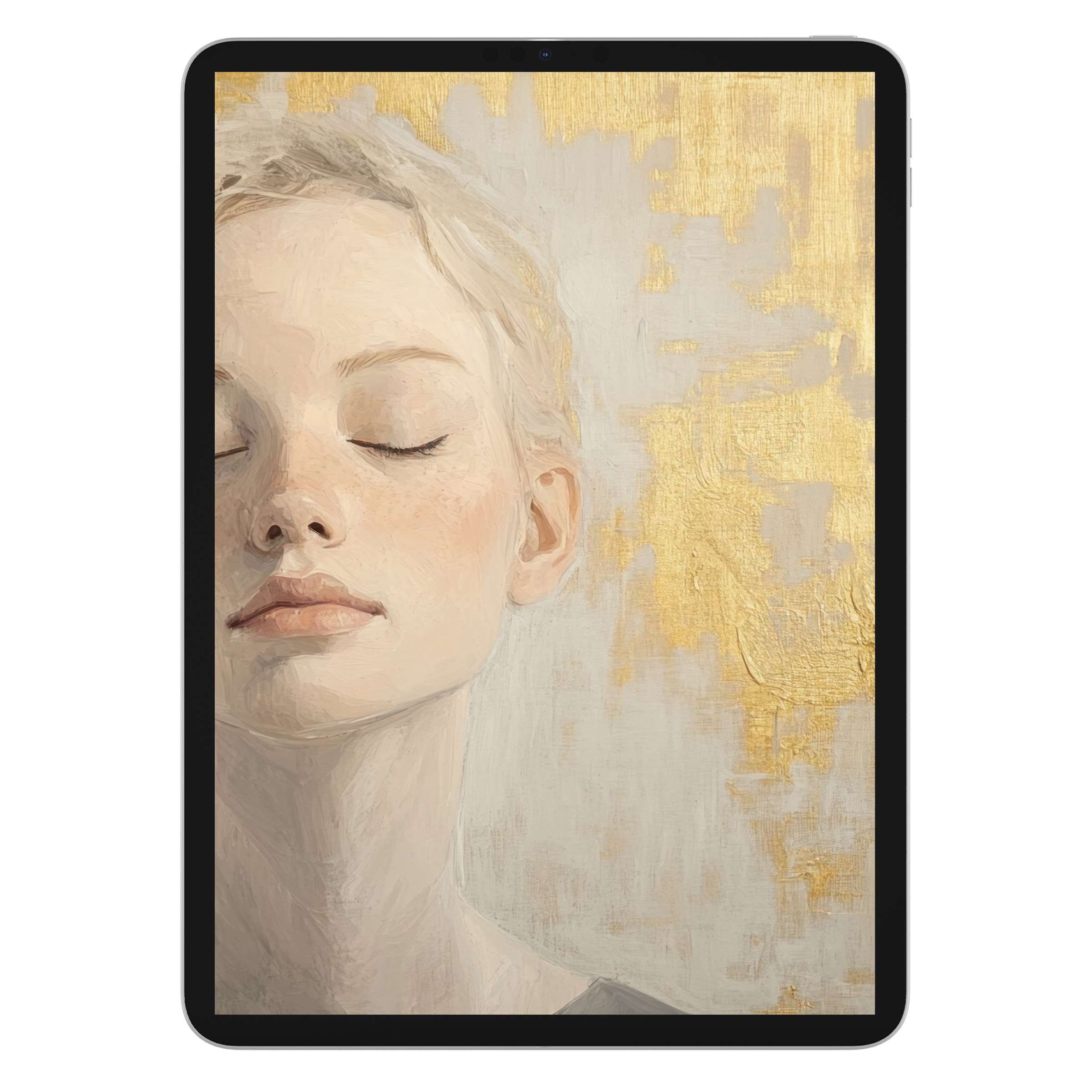 Elegant abstract iPad wallpaper featuring serene portrait with golden textures, ideal tablet background for digital download lovers
