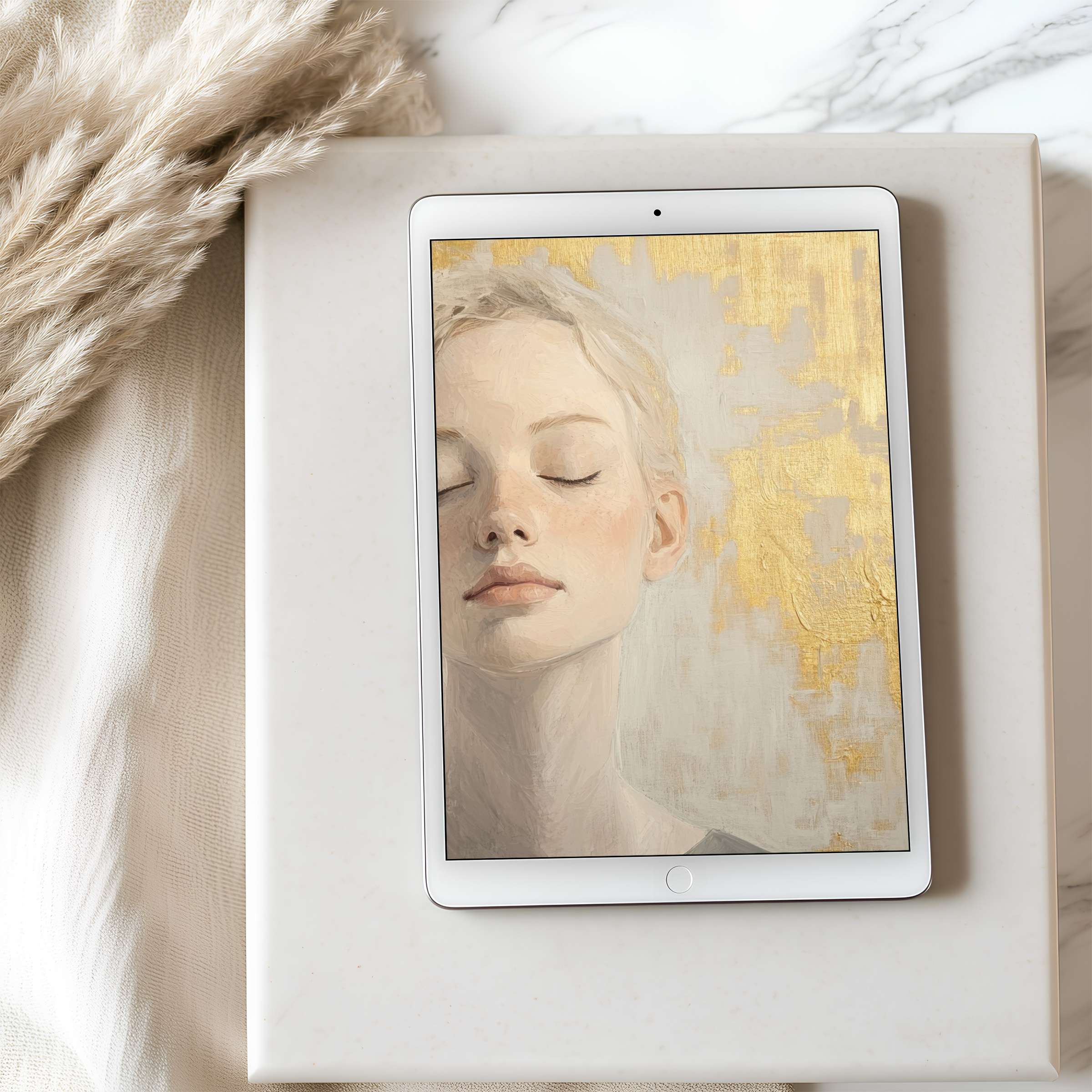 Elegant tablet wallpaper showcasing a serene portrait with soft gold accents, perfect for iPad and Android tablets, digital download