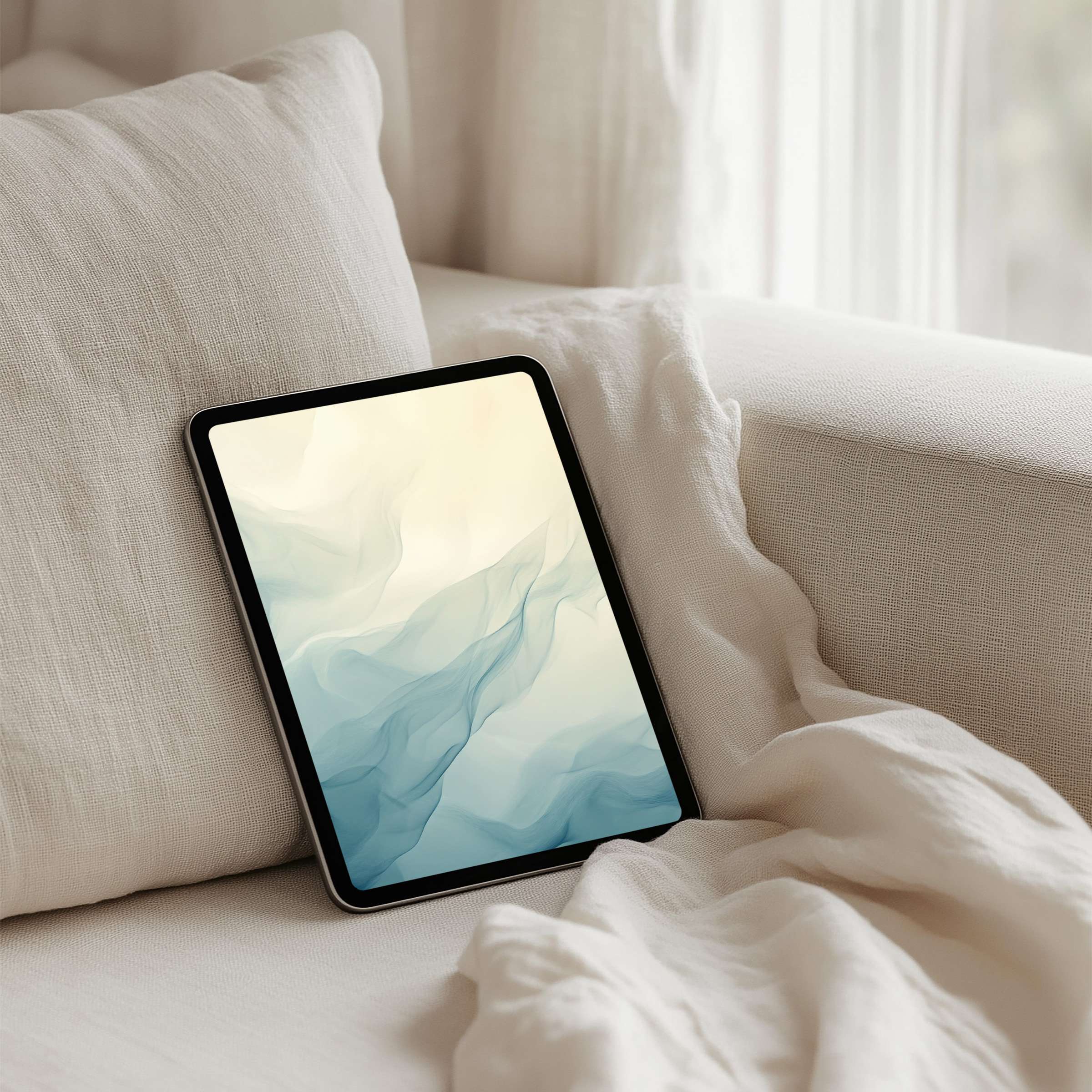 Elegant iPad background with soft blue and beige hues offering calm and inspiration for tablets instant download available
