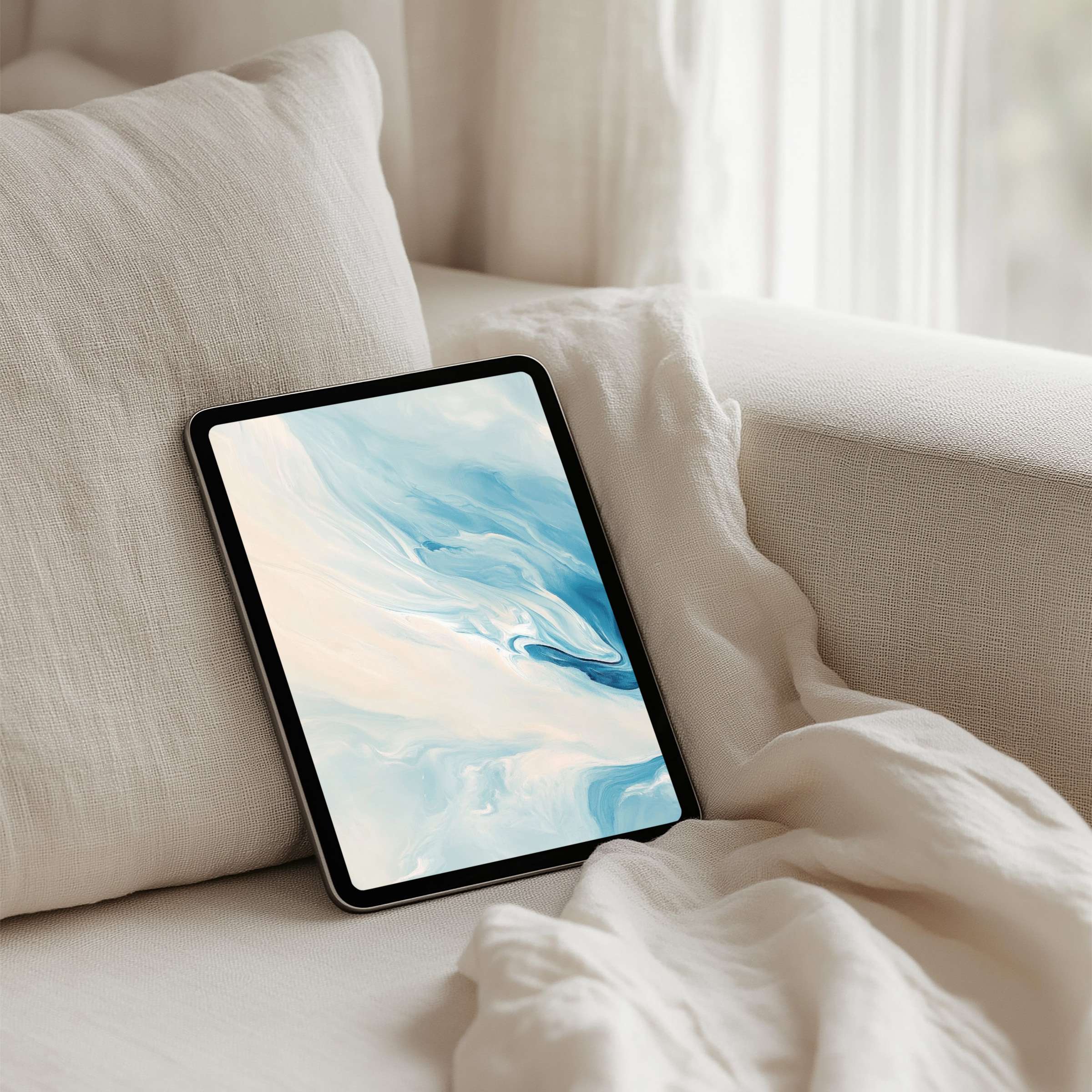 Elegant marble-inspired iPad background on soft neutrals, perfect for a calming tablet experience, available for instant download