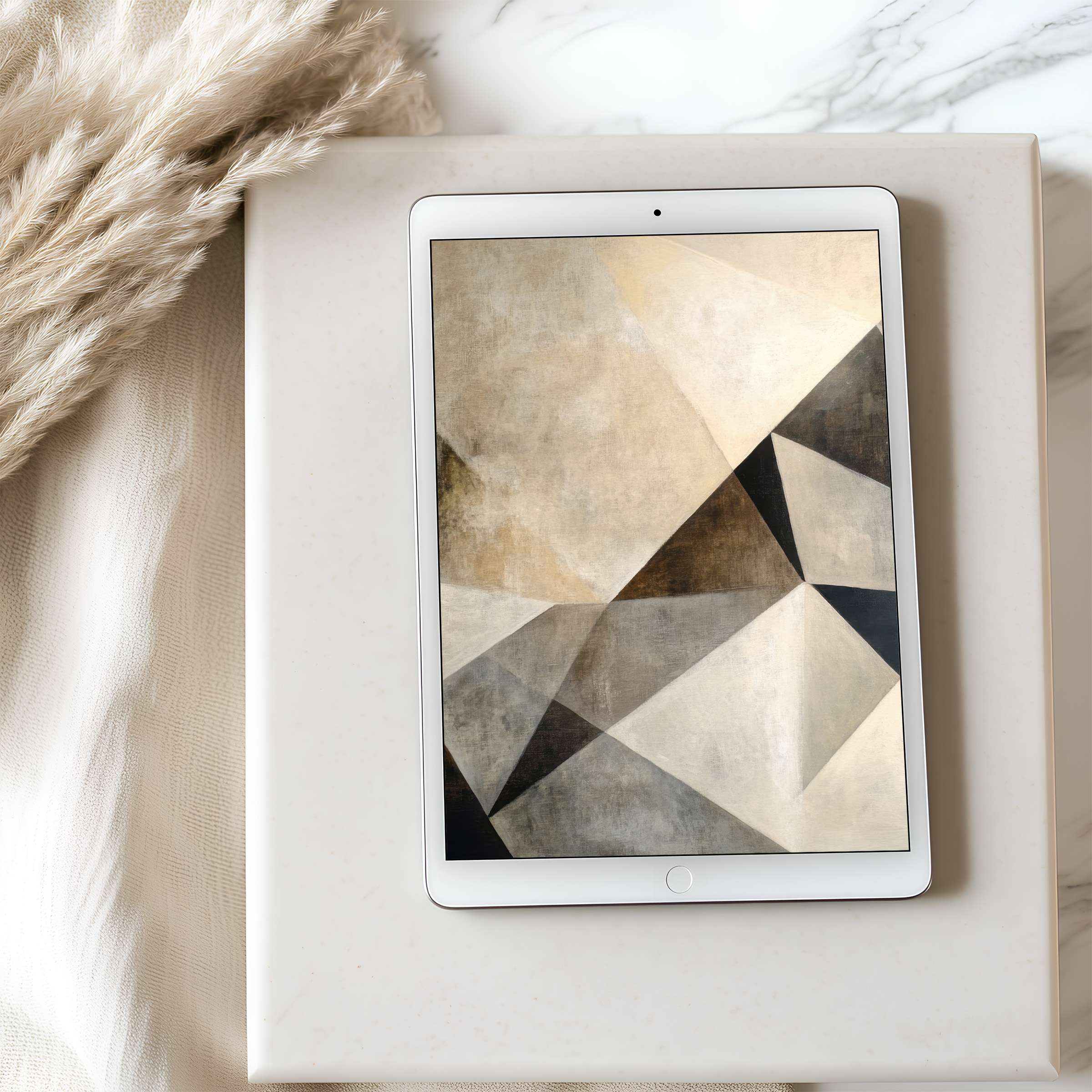 Elegant abstract geometric design in neutral tones for tablet wallpaper enhances aesthetics of any space with a digital download suitable for iPad or Android tablets