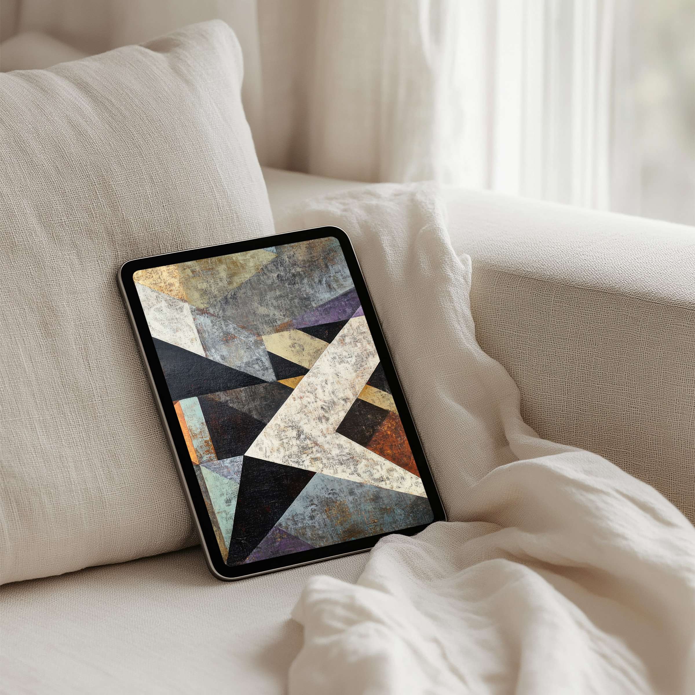 Elegant abstract iPad background on a couch inspires mindfulness and calmness available for instant download fits any tablet