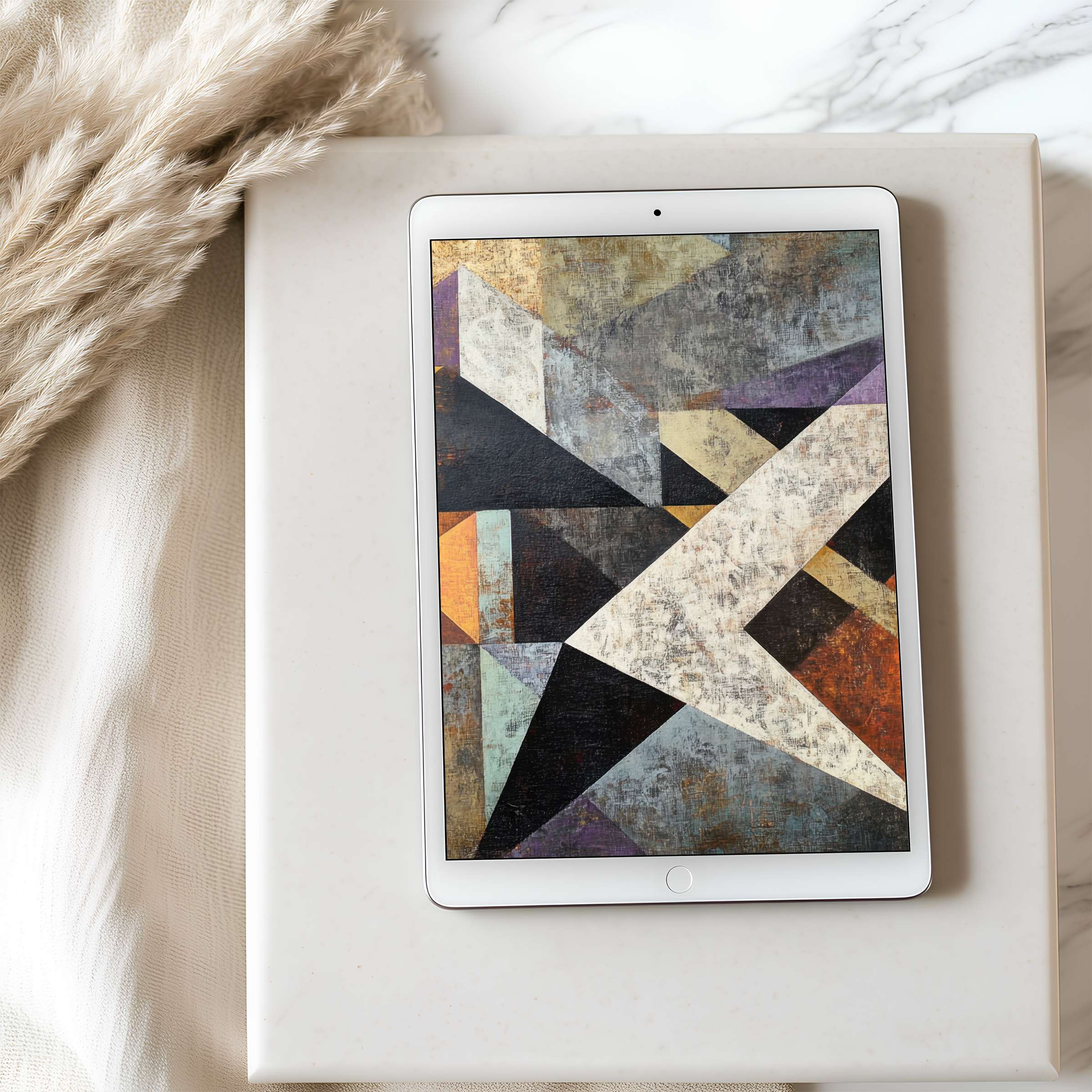 Geometric abstract tablet wallpaper in muted earth tones, ideal for iPad high resolution display, offering serene elegance and eco-conscious style