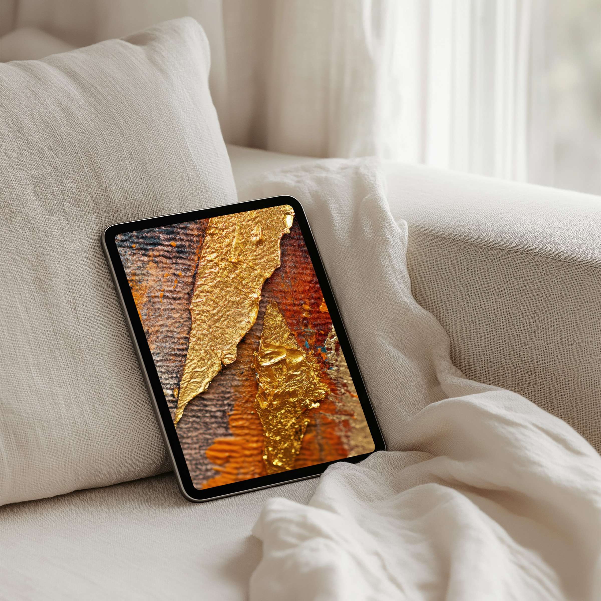 Elegant iPad background featuring textured gold leaf art for instant download to enhance your tablet with calm inspiration