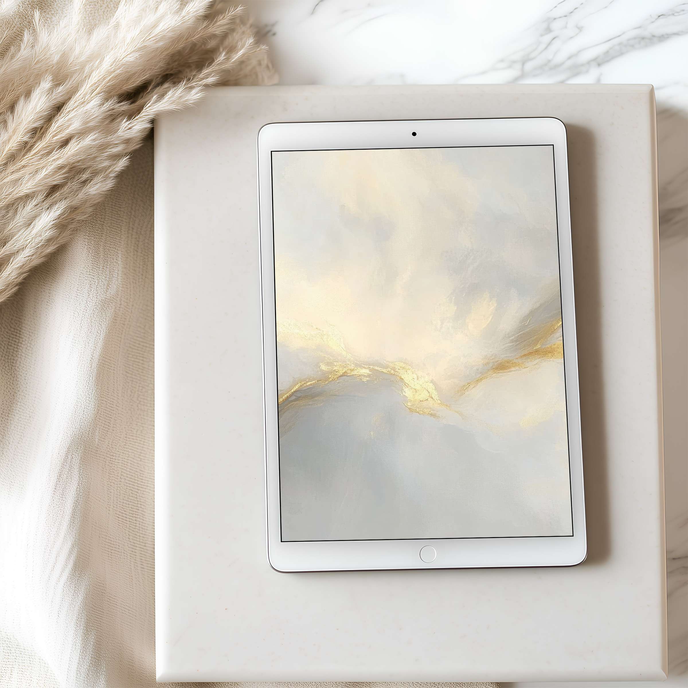Elegant high-resolution tablet wallpaper with soft earthy tones and golden accents, perfect for iPad and Android tablets, calming ambiance