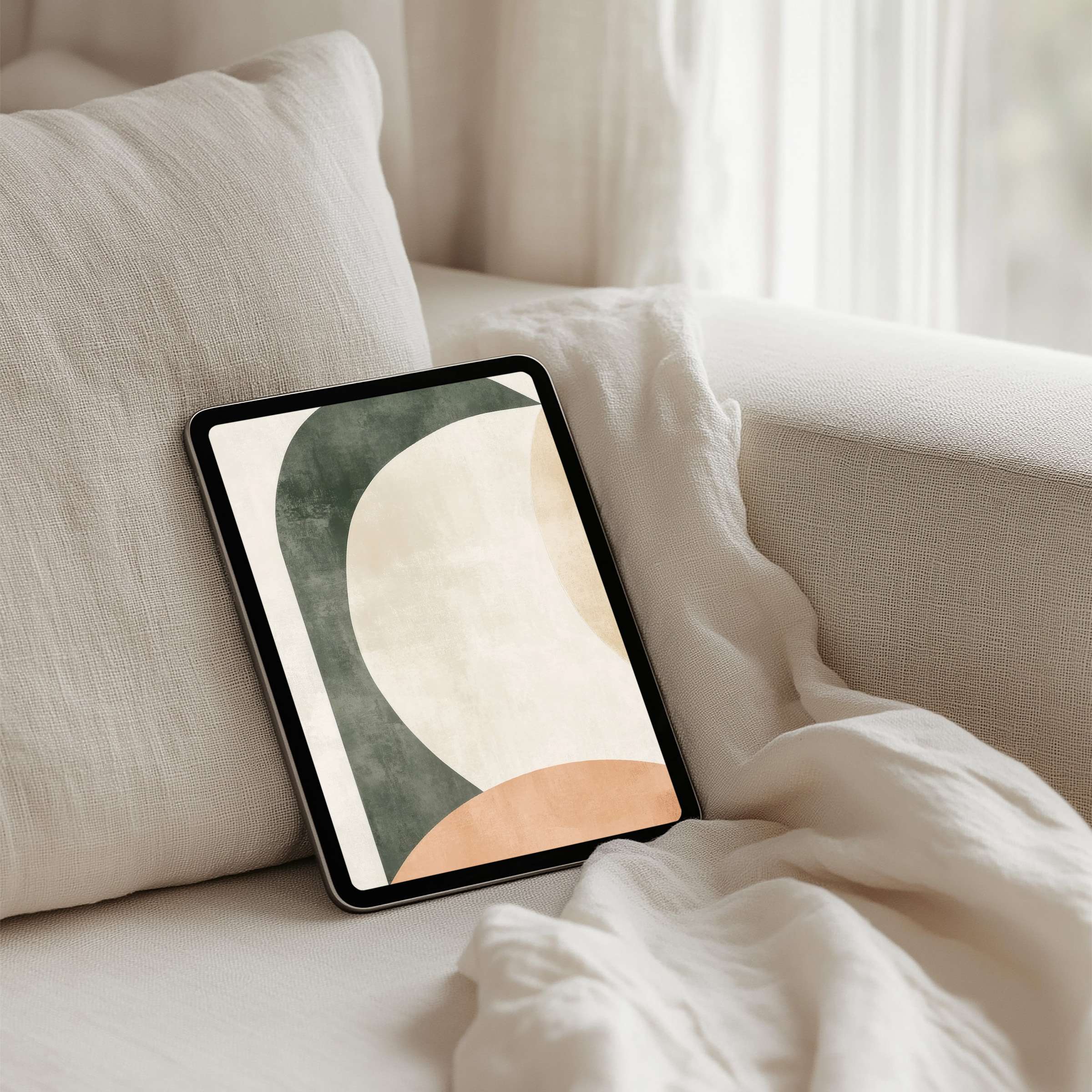 Elegant abstract iPad background with soft curves and earthy hues offers calm inspiration for tablets via instant download