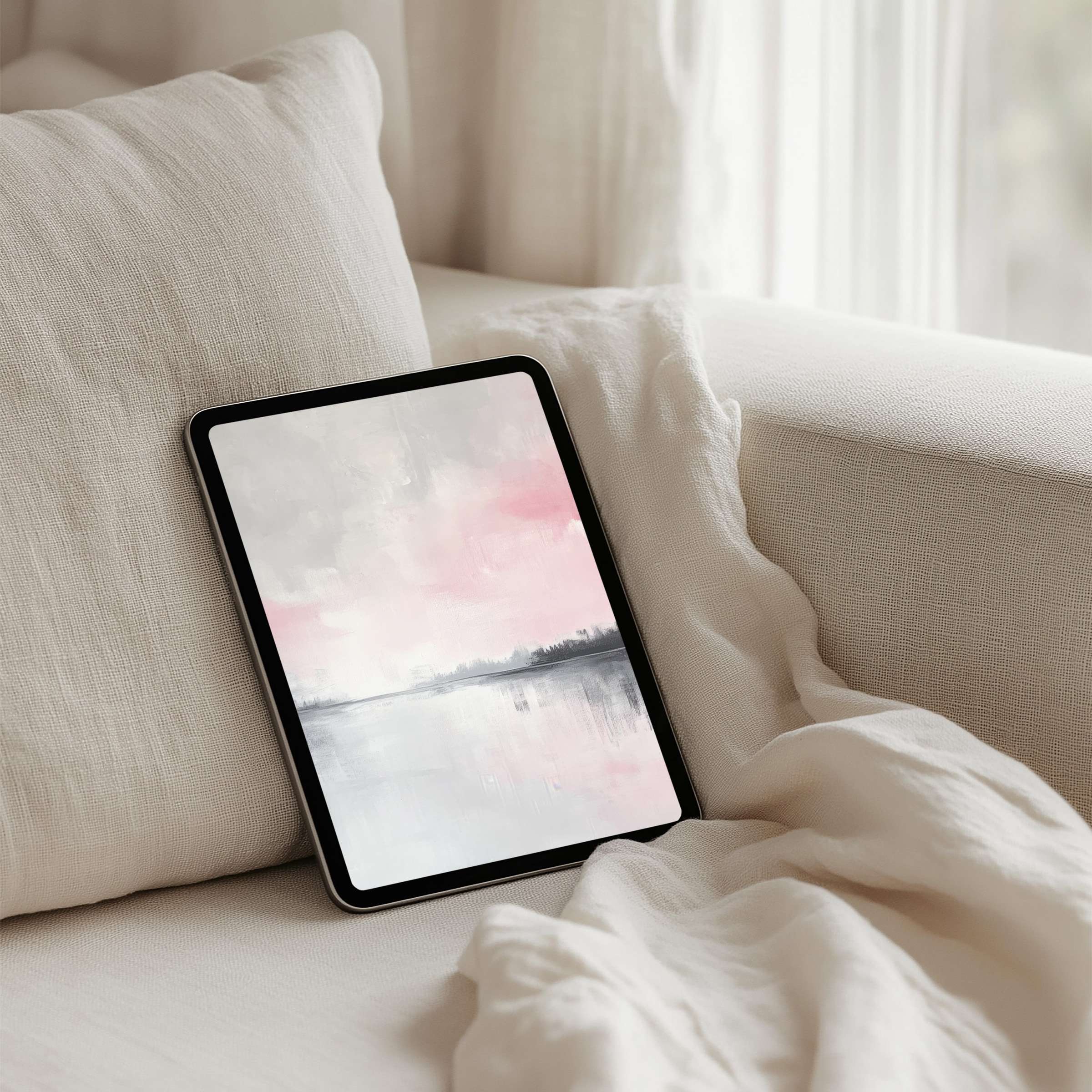 Elegant iPad background featuring soft pink and gray abstract art offers instant download for seamless tablet inspiration and calm