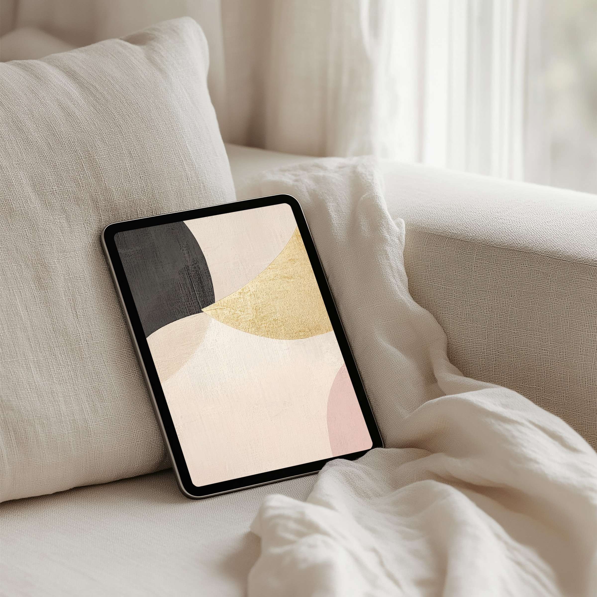 Elegant abstract iPad background featuring soft beige and gold tones offers instant download for tablet users seeking inspiration
