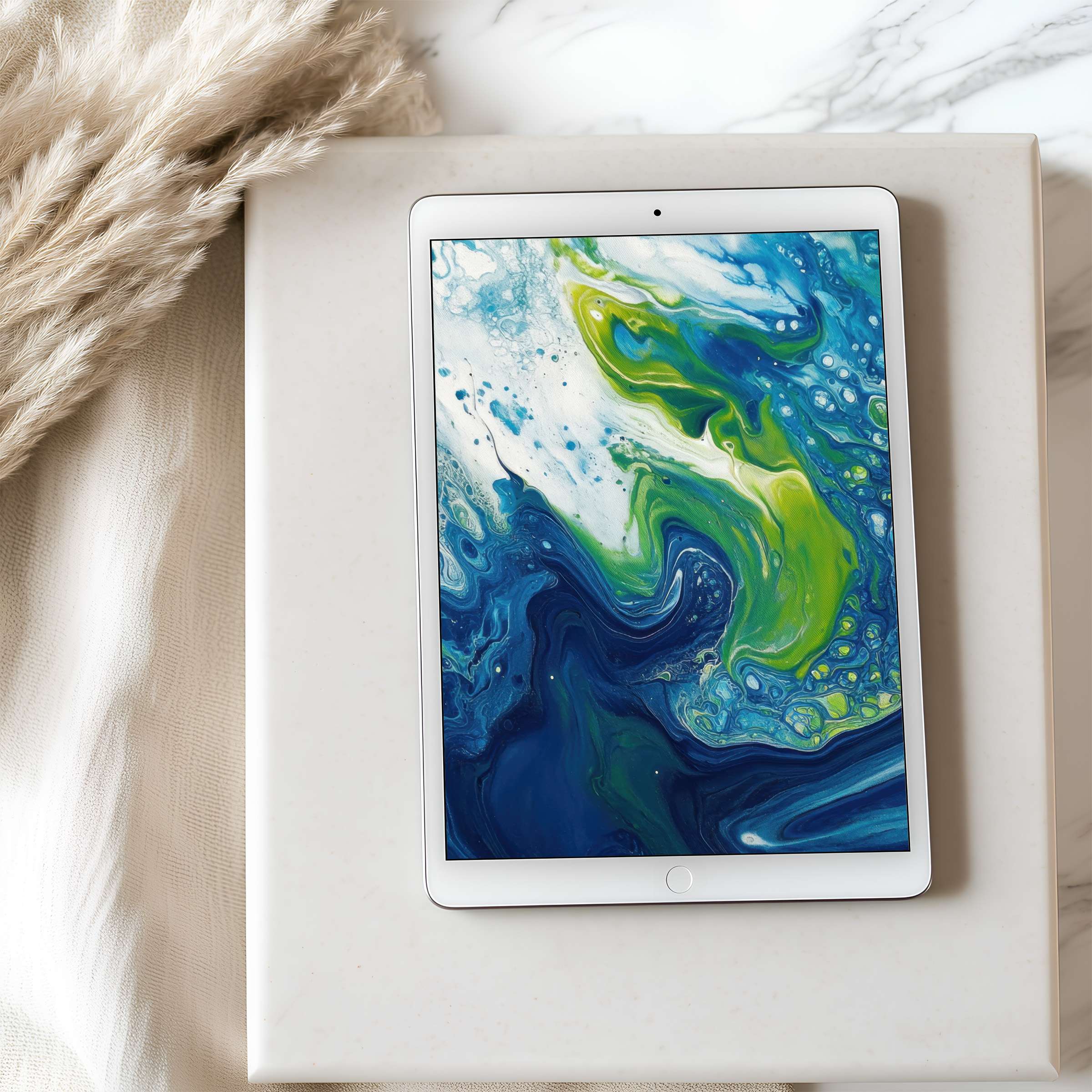 Elegant tablet wallpaper with vibrant blue and green abstract art elevates any interior space suitable for high-resolution iPad download