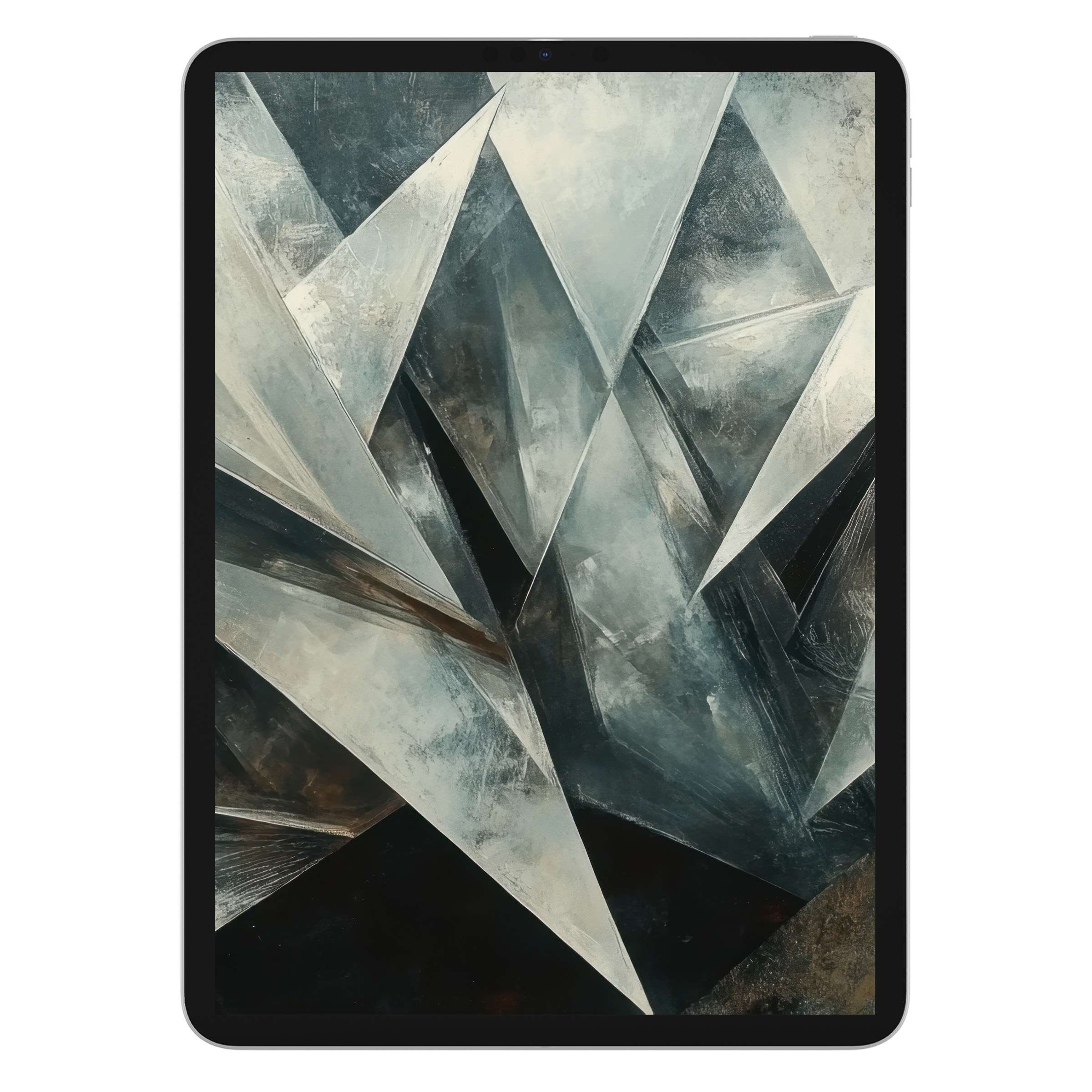 Abstract iPad wallpaper featuring geometric silver textures for a calm, elegant background, a digital download for tablets