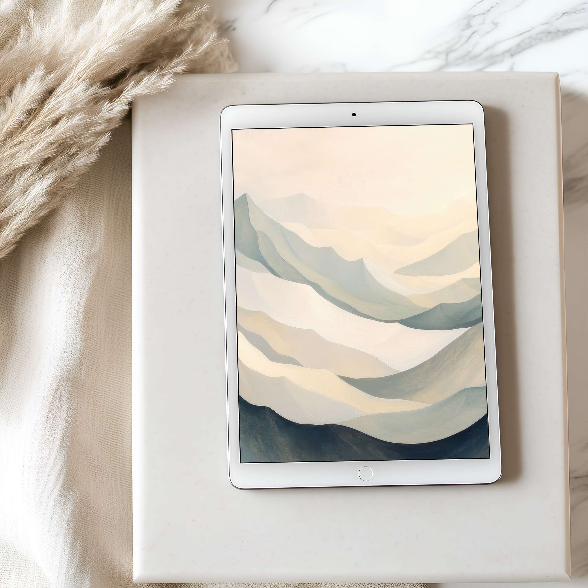 Elegant tablet wallpaper featuring serene pastel mountain motifs, ideal for high-resolution iPad screens and Android downloads, inspiring calm