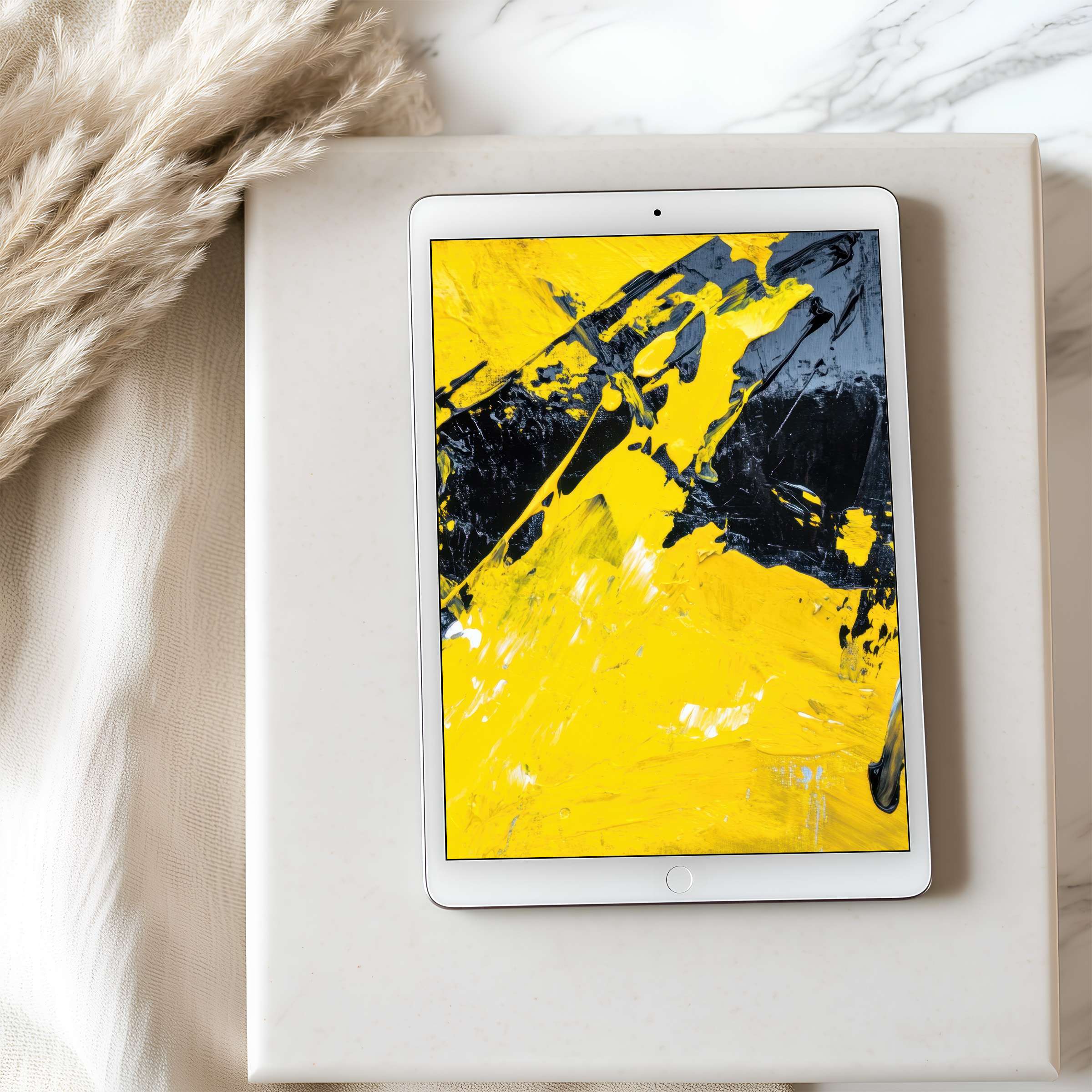 Vibrant yellow and black abstract tablet wallpaper ideal for iPad, offering high-resolution elegance in a serene, textured setting