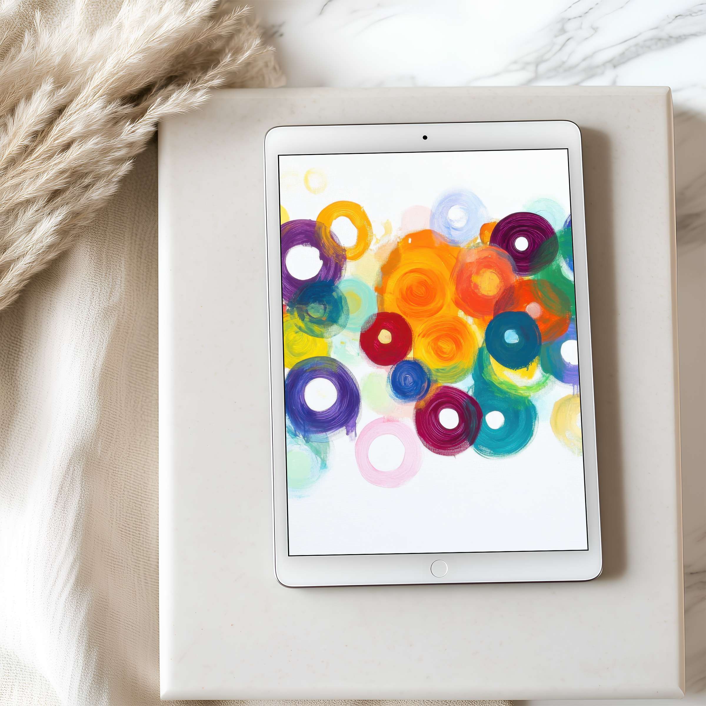 Vibrant abstract circles in a curated tablet wallpaper enhance any interior with high resolution, ideal for iPad and Android download