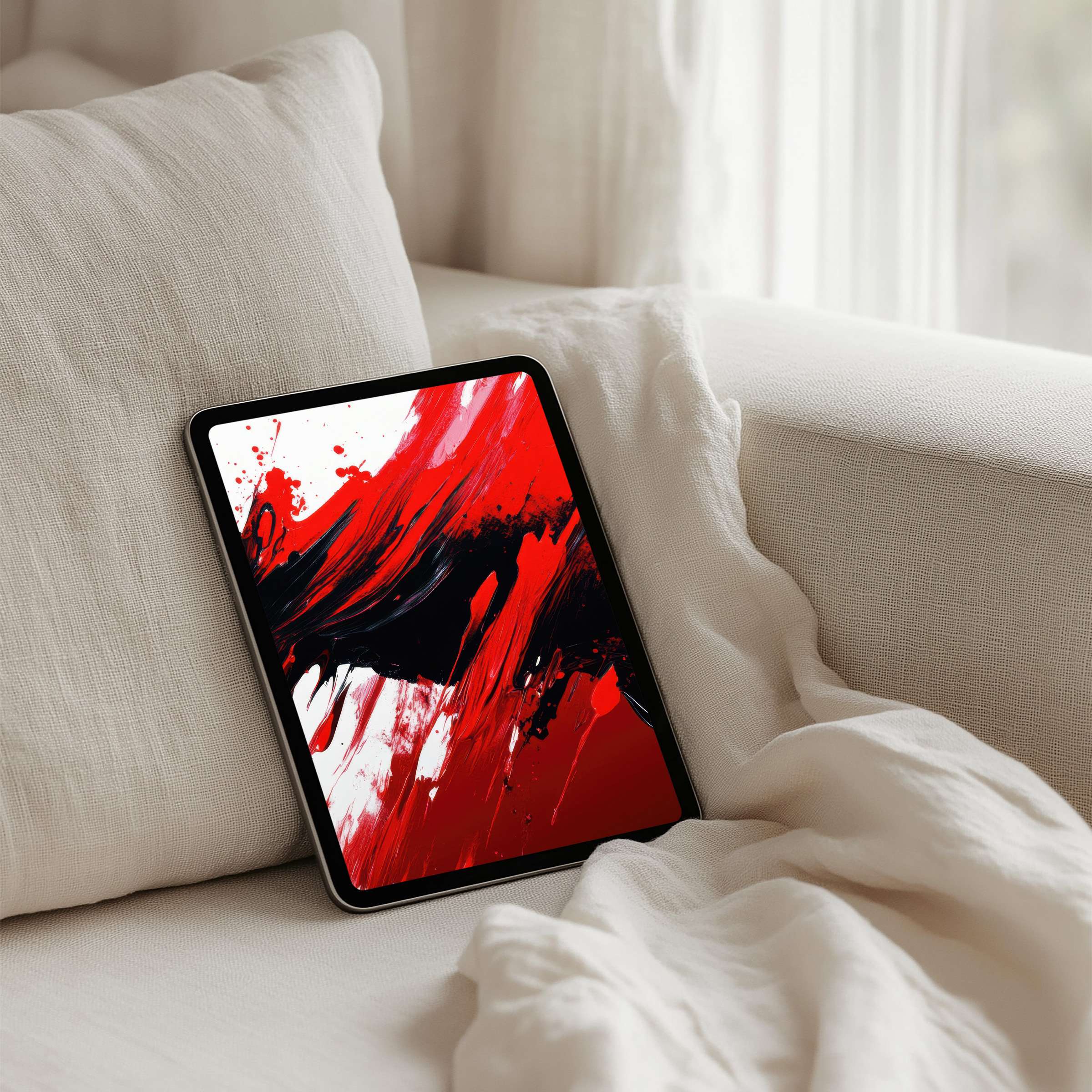Elegant iPad background with bold red and black brushstrokes inspires calm and mindfulness fits any tablet instant download