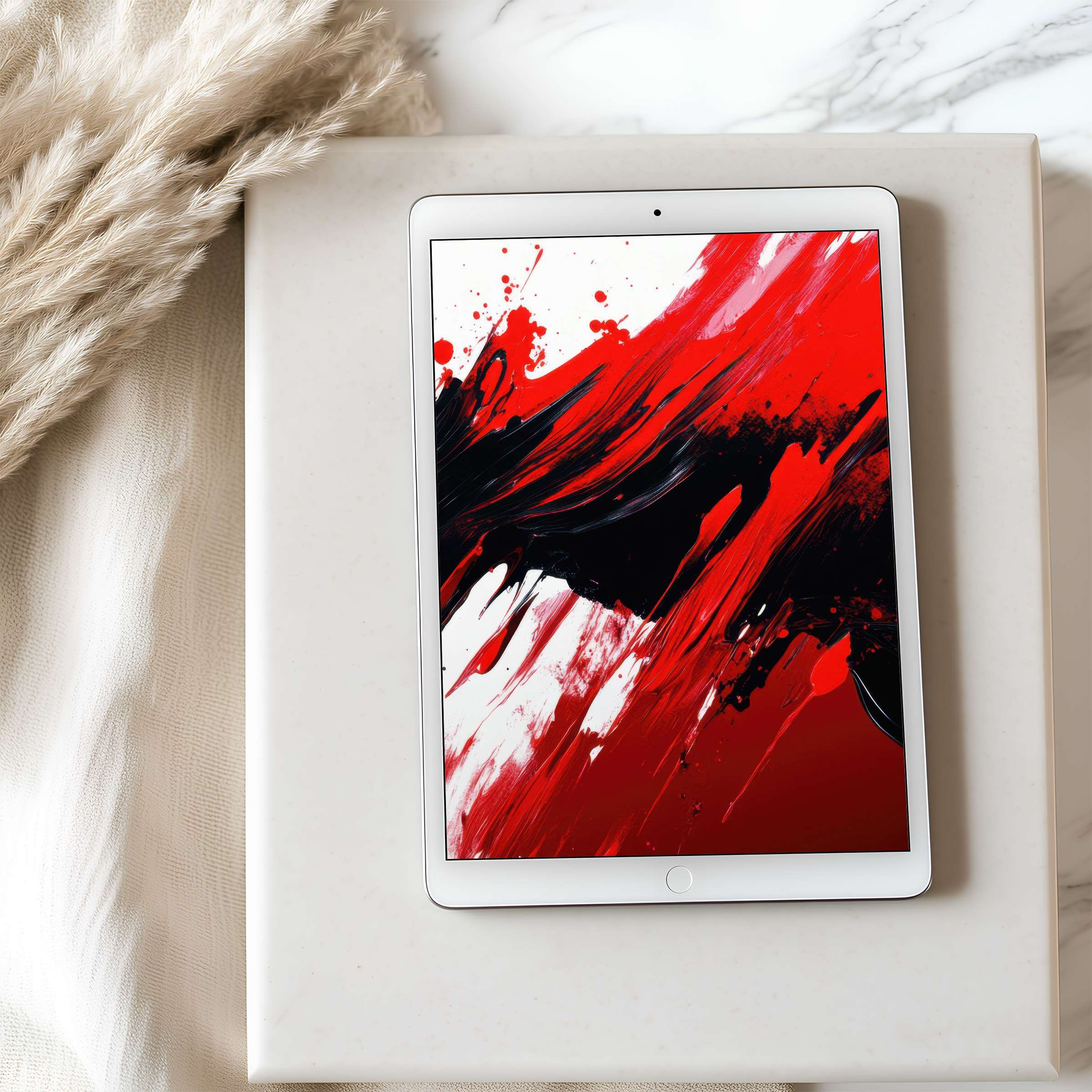 Elegant abstract red and black brushstrokes create a high-resolution tablet wallpaper ideal for iPad and Android digital downloads