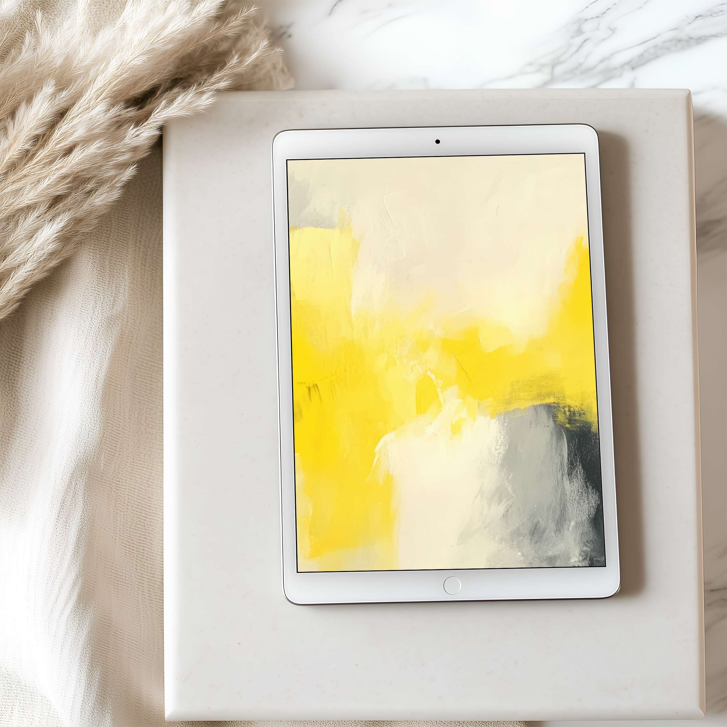 Modern abstract yellow and gray tablet wallpaper adding elegance to your iPad or Android device high resolution digital download