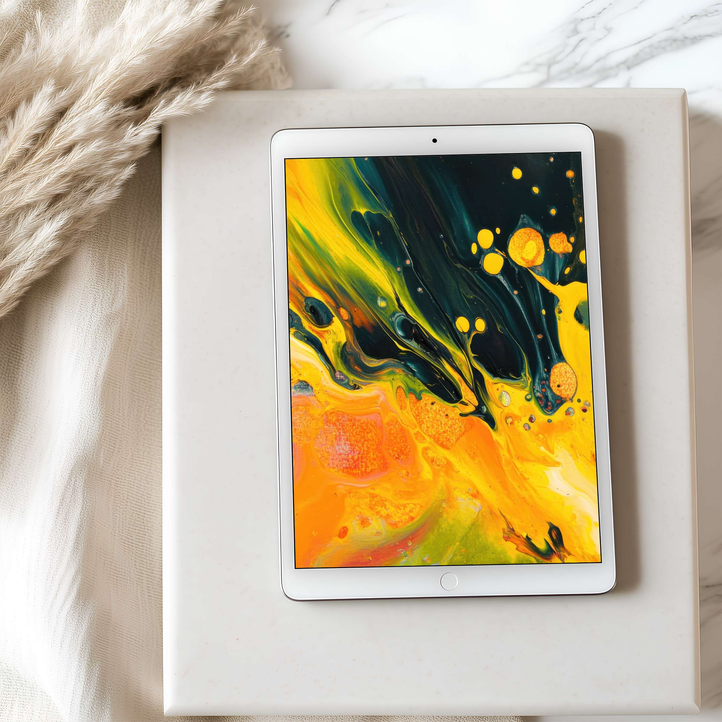 Elegant tablet wallpaper featuring vibrant abstract art in yellow and black hues, ideal for high resolution iPad and Android download