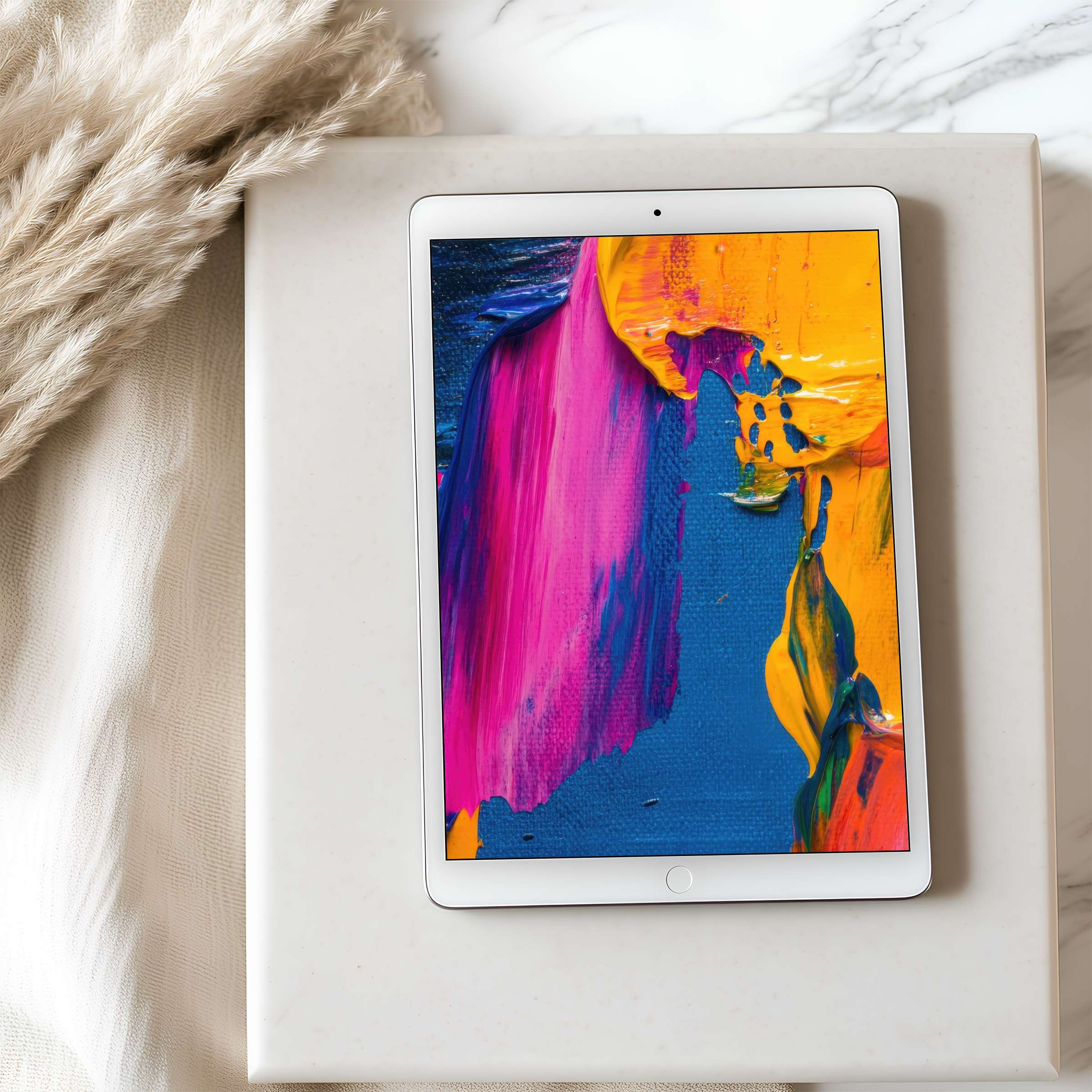 Vibrant abstract art in bold pink, yellow, blue hues elevates your tablet wallpaper into a high-resolution digital masterpiece download