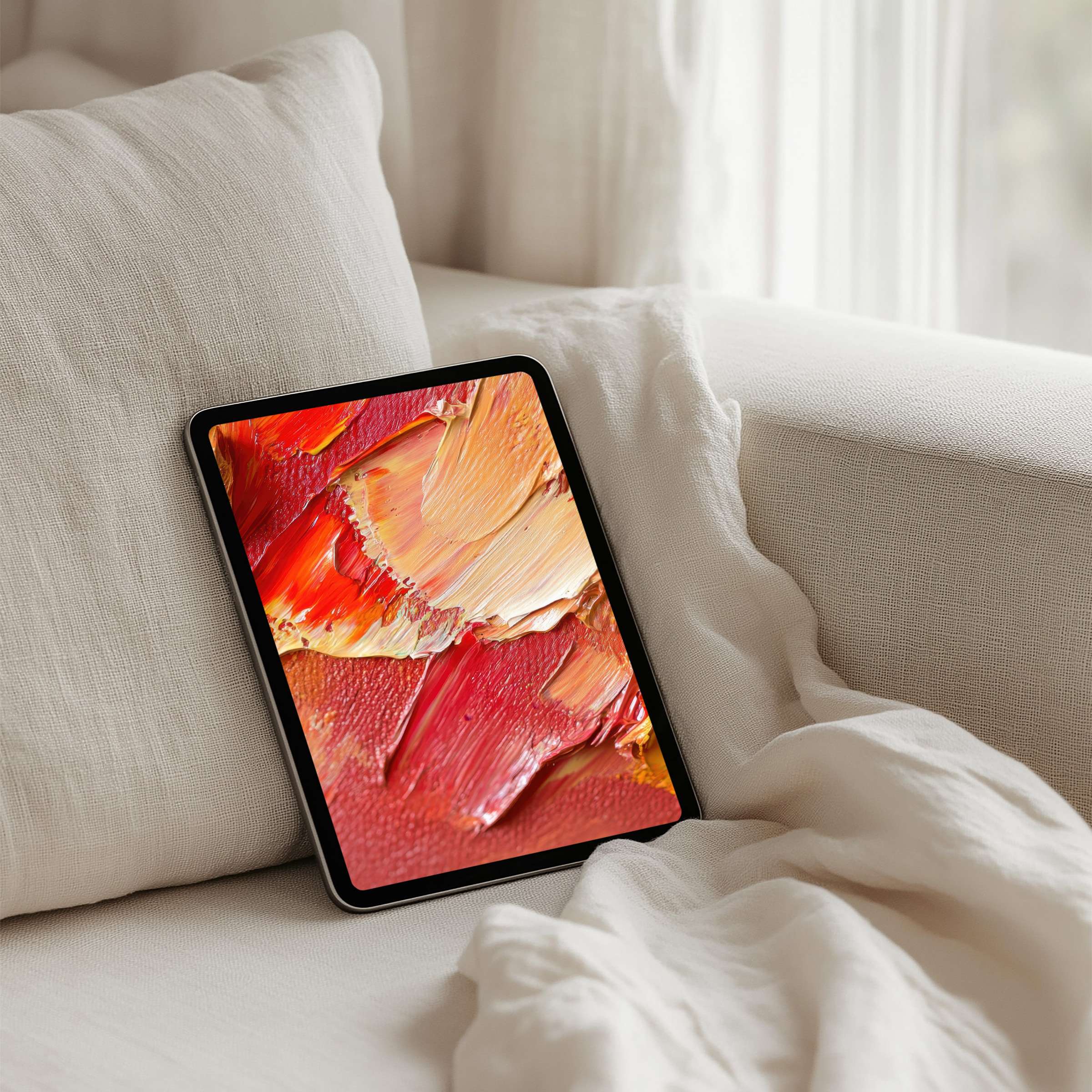 Elegant abstract art in warm reds and creams enhances your iPad background, offering instant download for tablets, inspiring calm elegance