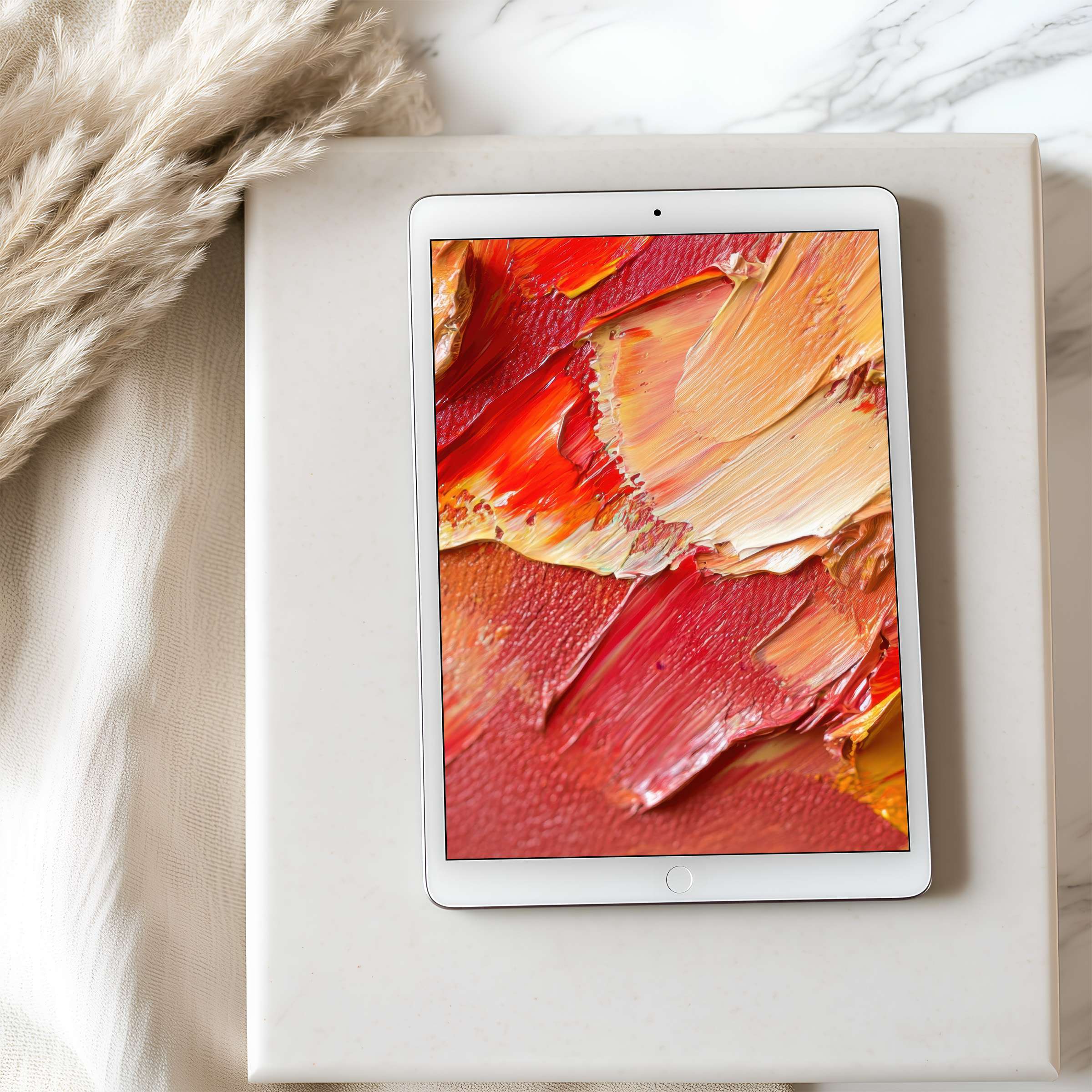 Elegant tablet wallpaper featuring abstract red and orange swirls framed in soft textures for iPad and Android tablets digital download