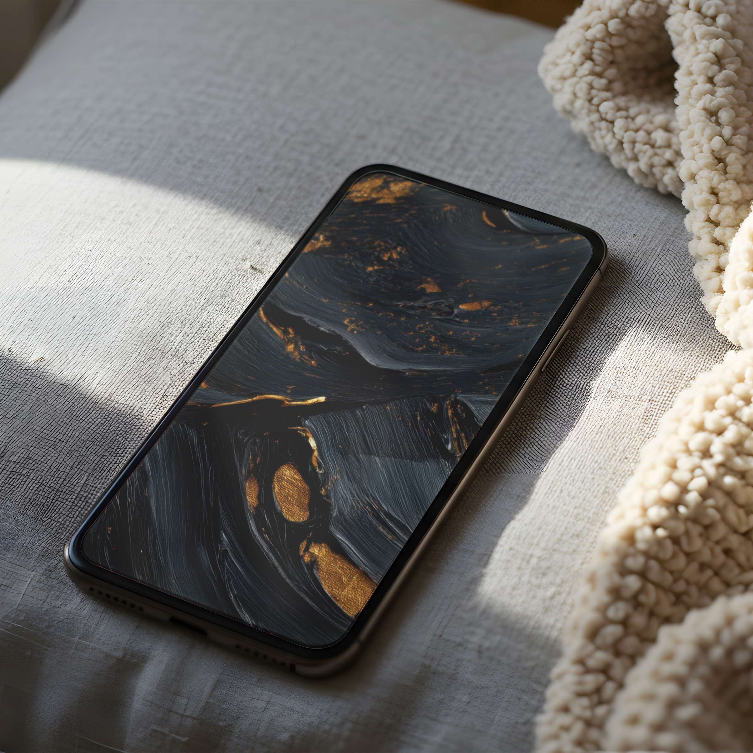 Elegant abstract phone wallpaper featuring black and gold marble design offers a high resolution digital download for iPhone and Android