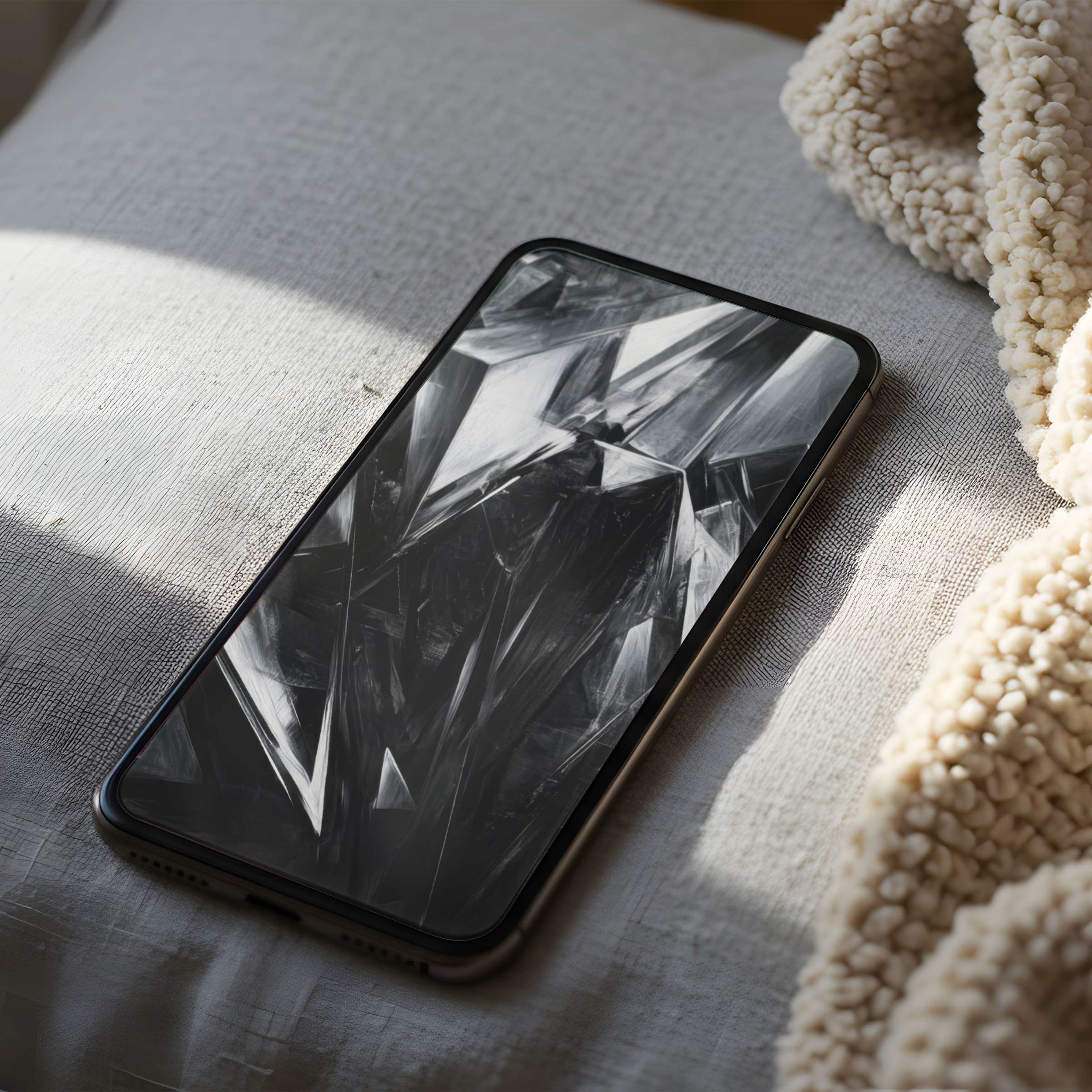 Elegant abstract phone wallpaper featuring monochrome crystal texture on a cozy bed setting suitable for iPhone and Android download