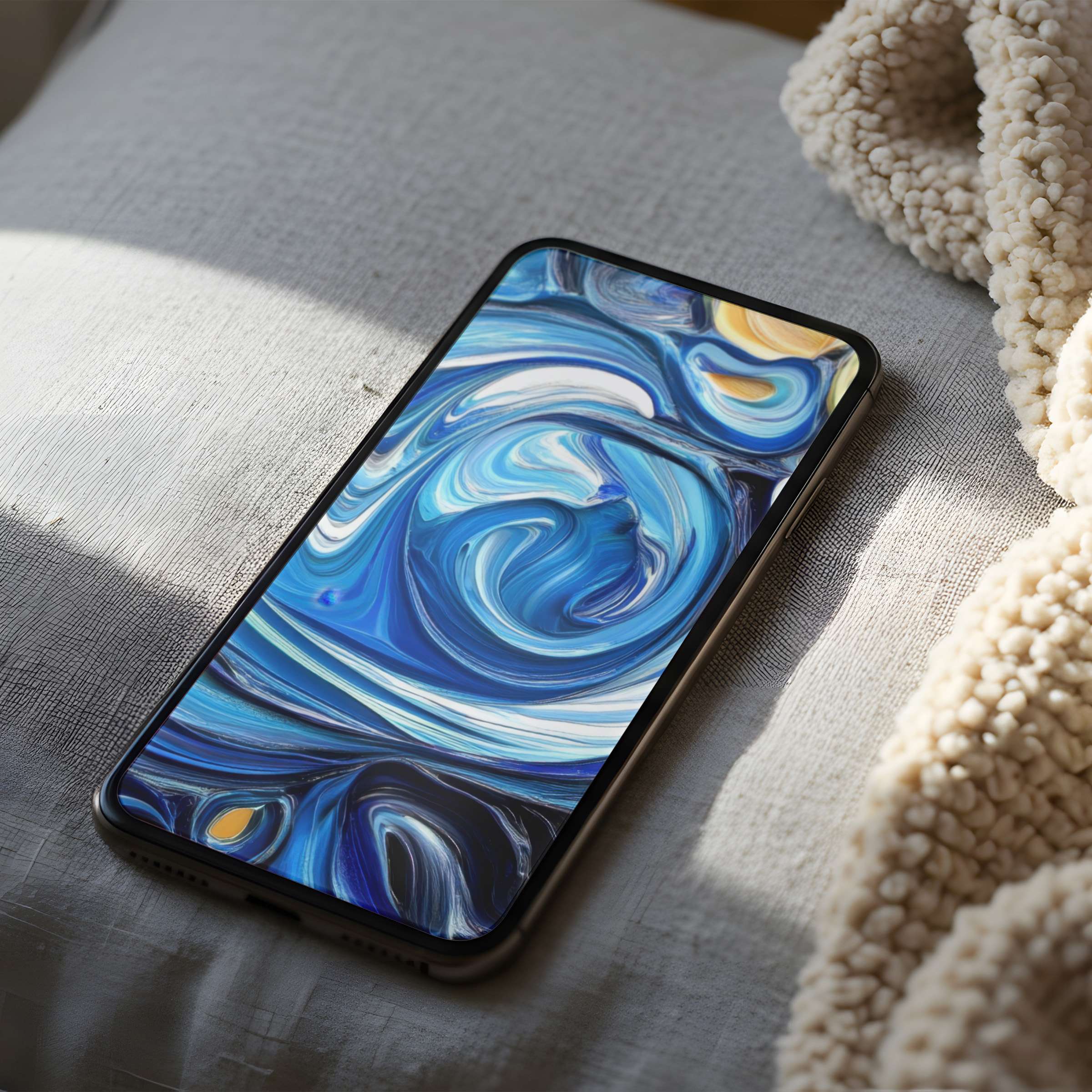 Elegant phone wallpaper featuring swirling blue and yellow abstract art, offering calm and beauty for iPhone and Android users