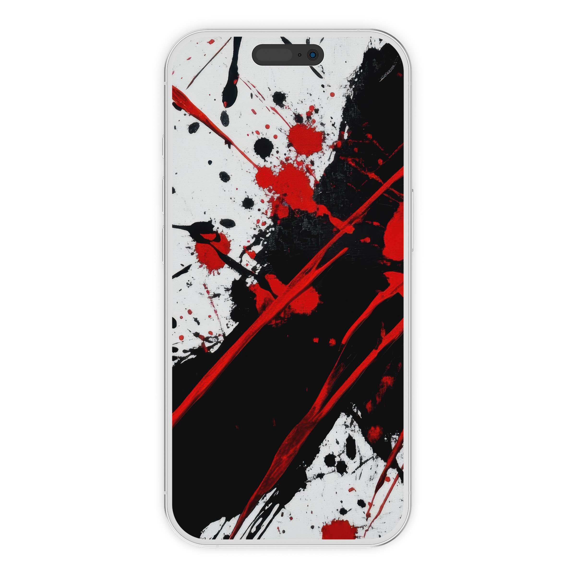 Dynamic abstract iPhone wallpaper features bold red and black splashes on white background for a digital download perfect for any phone