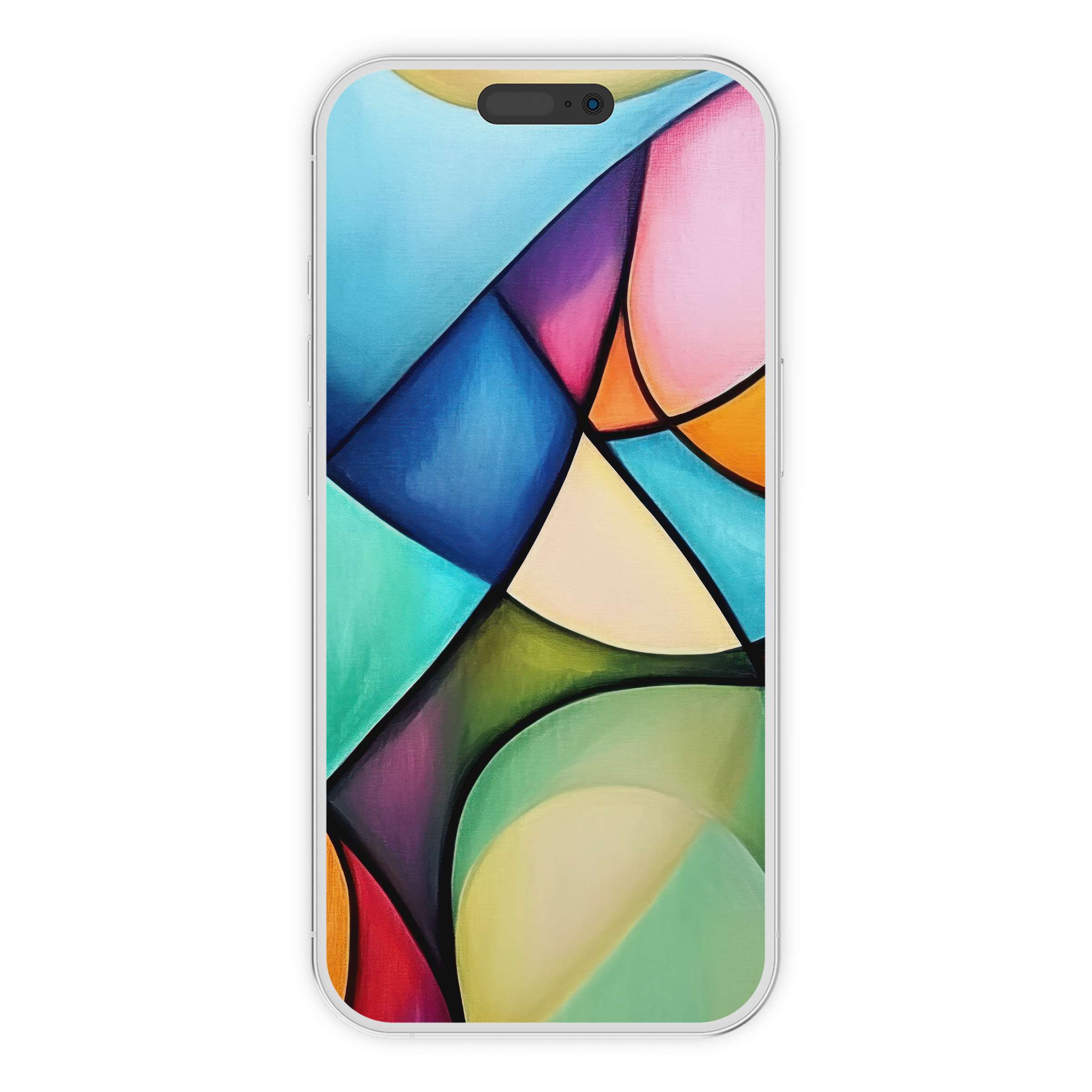 Elegant abstract iPhone wallpaper featuring vibrant geometric shapes in calming hues, ideal phone background for digital download enthusiasts