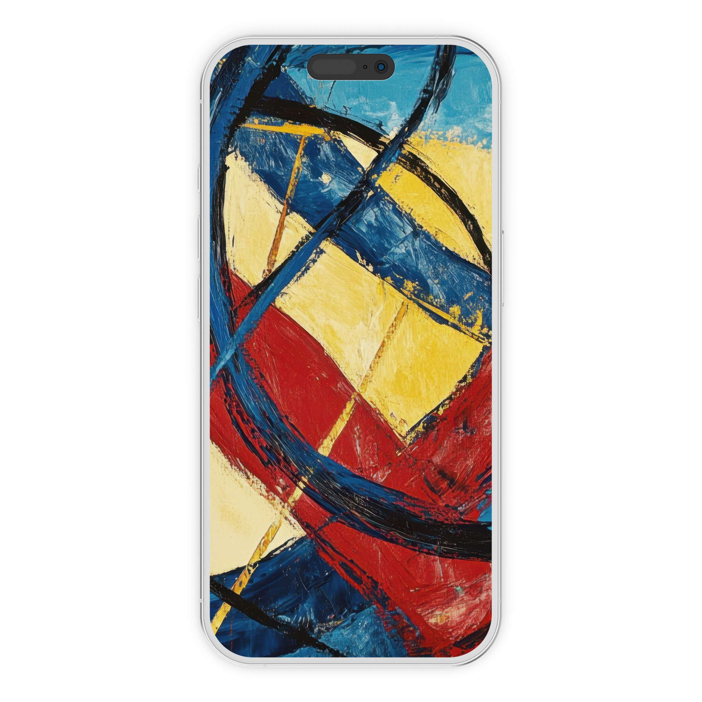 Vibrant abstract iPhone wallpaper featuring red, blue, and yellow brushstrokes, perfect as a phone background digital download for artistic flair