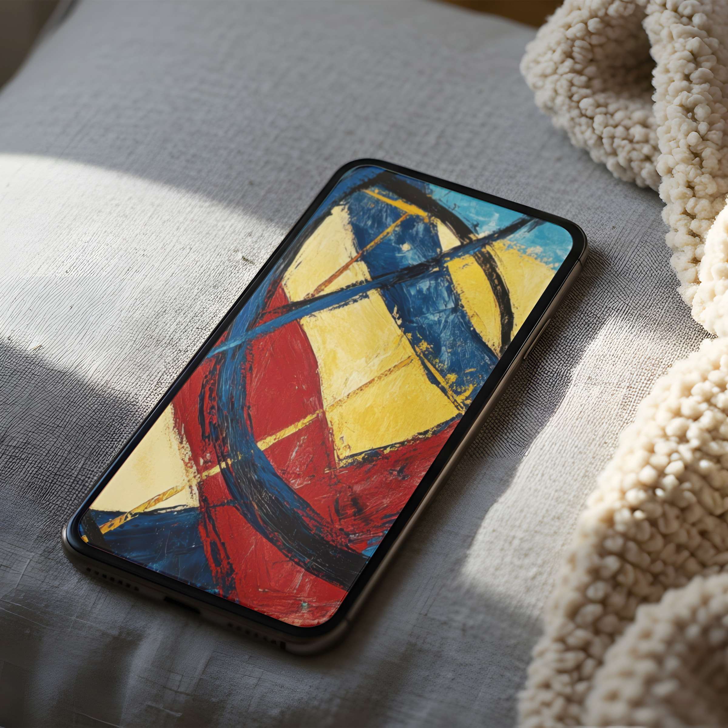 Bold abstract phone wallpaper with vibrant red, yellow, and blue strokes offers a curated look for iPhone and Android devices