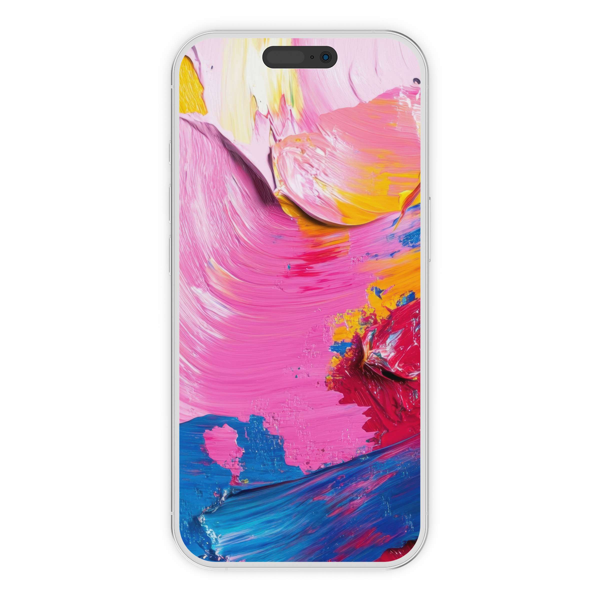 Vibrant abstract iPhone wallpaper in pink, blue, and yellow brushstrokes for a calming, elegant phone background digital download
