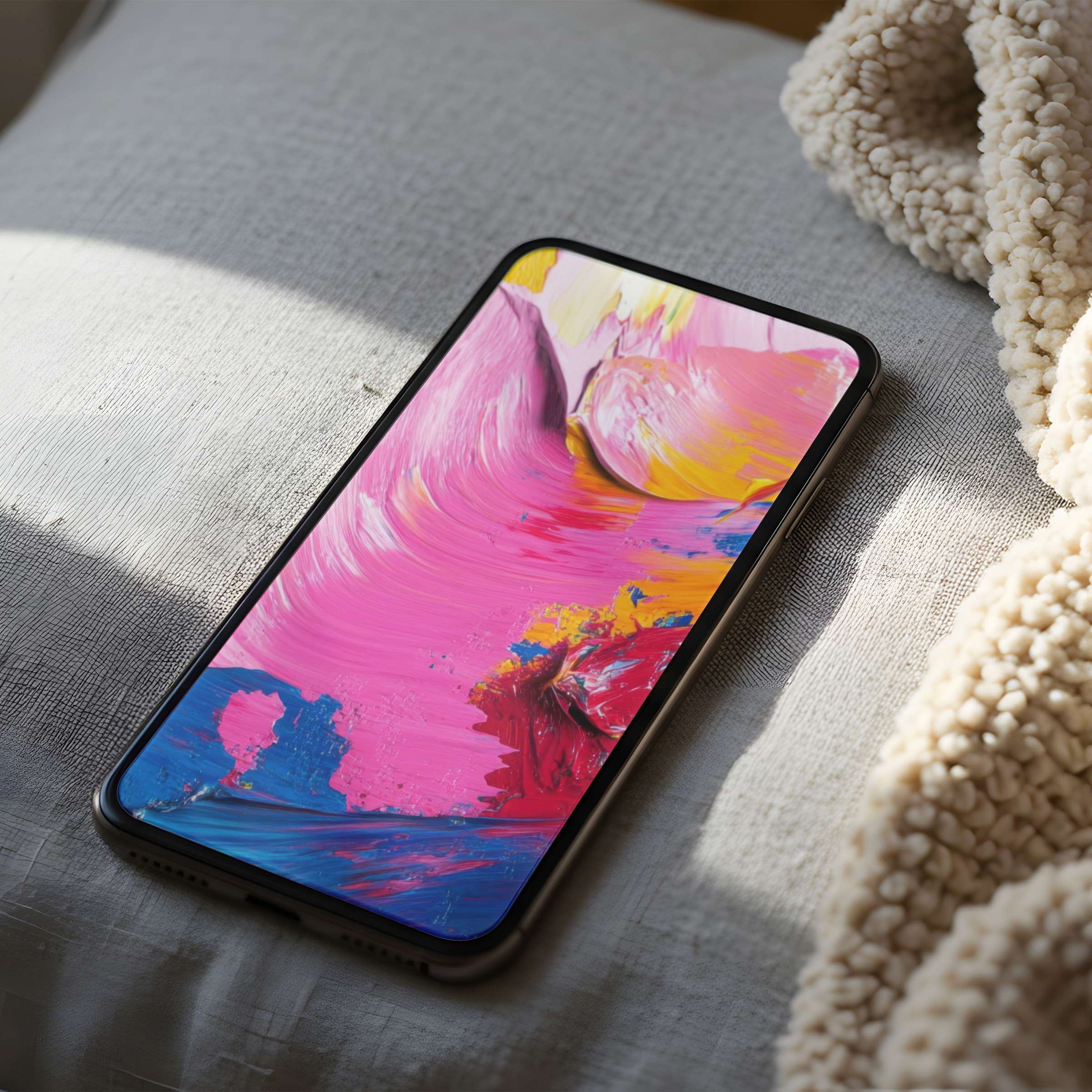 Vibrant abstract phone wallpaper featuring pink, yellow, and blue brushstrokes; high resolution for iPhone and Android, digital download