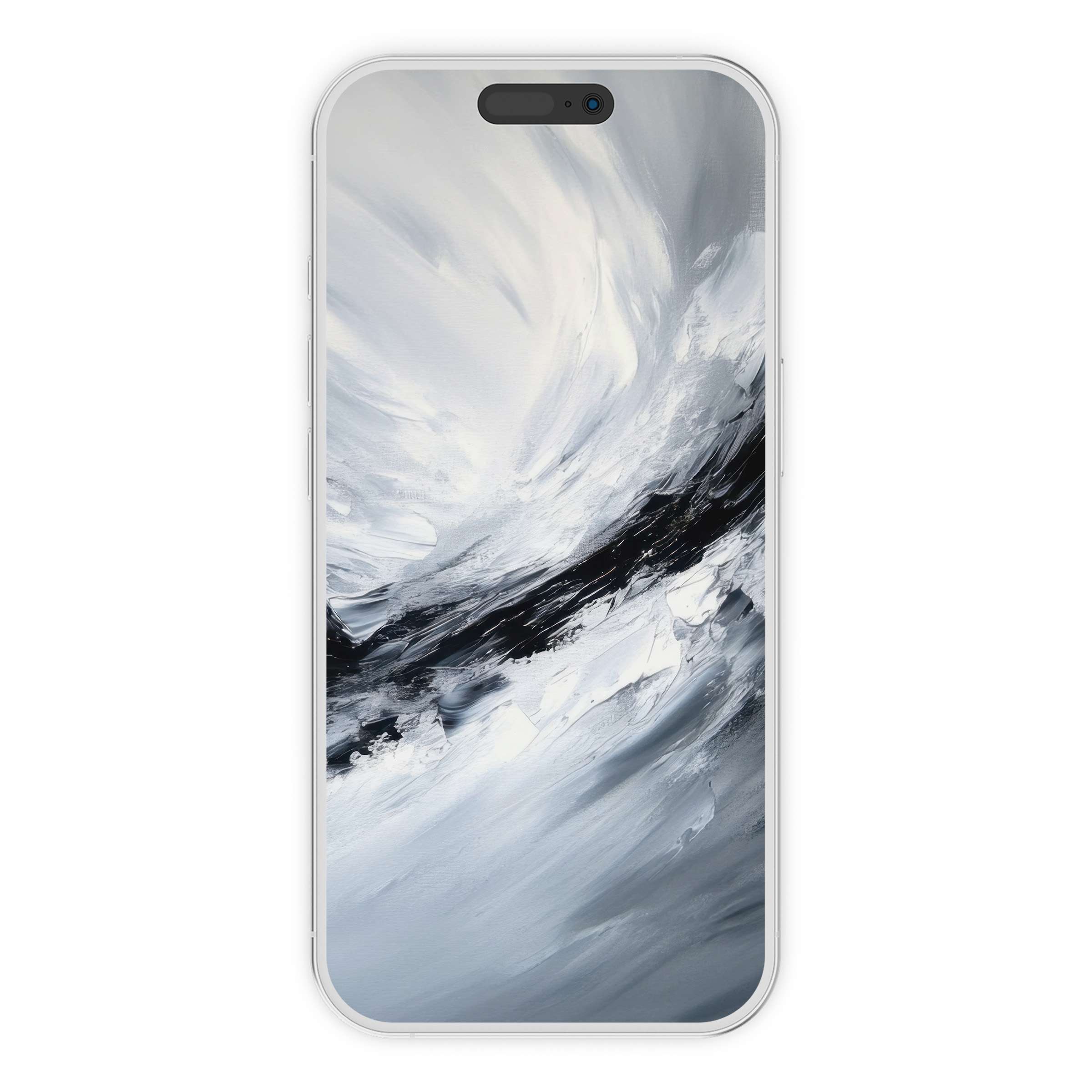 Elegant abstract iPhone wallpaper with swirling white and black textures for a calming phone background digital download option