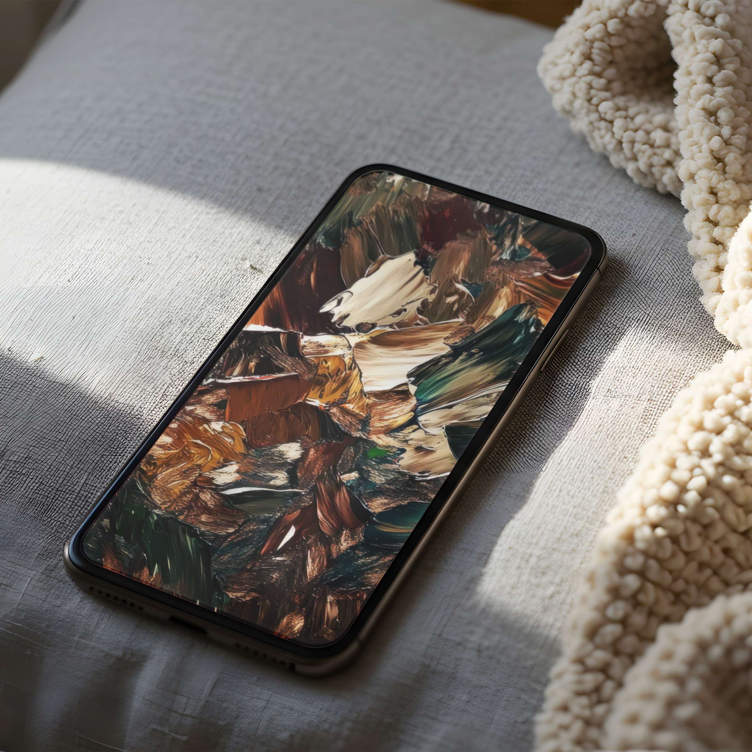 Elegant abstract phone wallpaper in earthy tones, perfect for iPhone or Android, offers a calming, curated digital download for art lovers