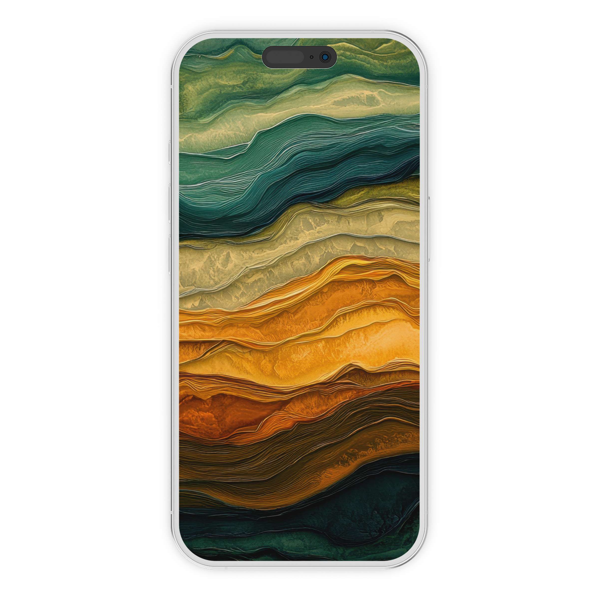 Organic, layered textures create a serene, abstract iPhone wallpaper with earthy gold and teal hues, ideal for phone backgrounds, digital download