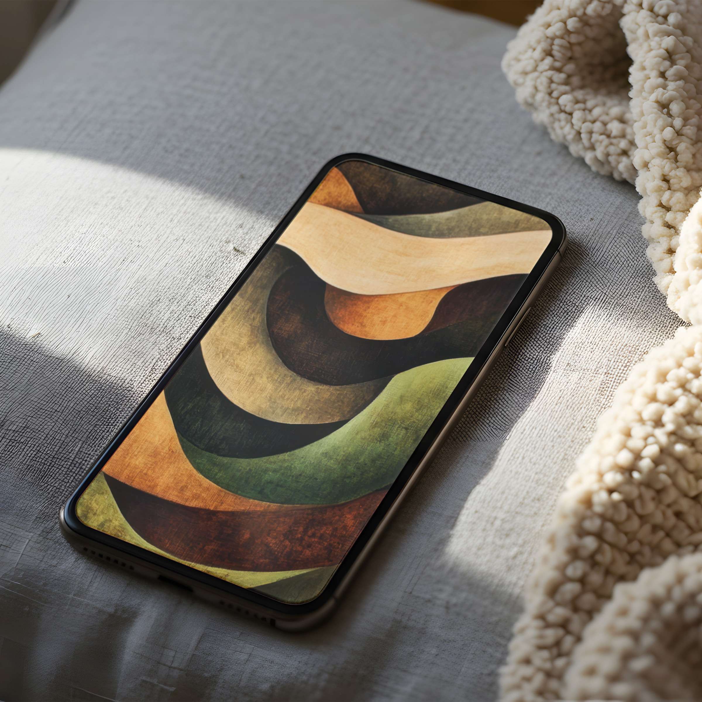 Elegant phone wallpaper in earthy tones and abstract waves for iPhone and Android phones, offering high-resolution calm and style